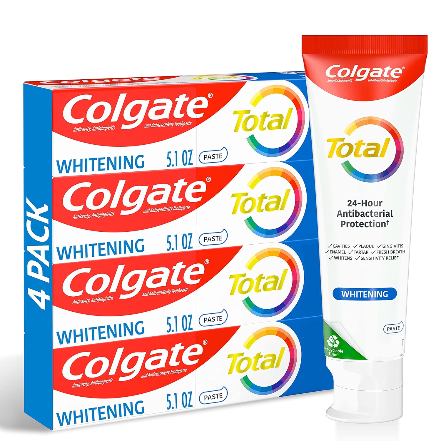 Colgate Total Whitening Toothpaste with Fluoride, 10 Benefits Including Sensitivity Relief and Stain Removal, Mint, 5.1 ounces (4 Pack) Colgate Total Whitening Toothpaste with Fluoride, 10 Benefits Including Sensitivity Relief and Stain Removal, Mint, 5.1 ounces (4 Pack)