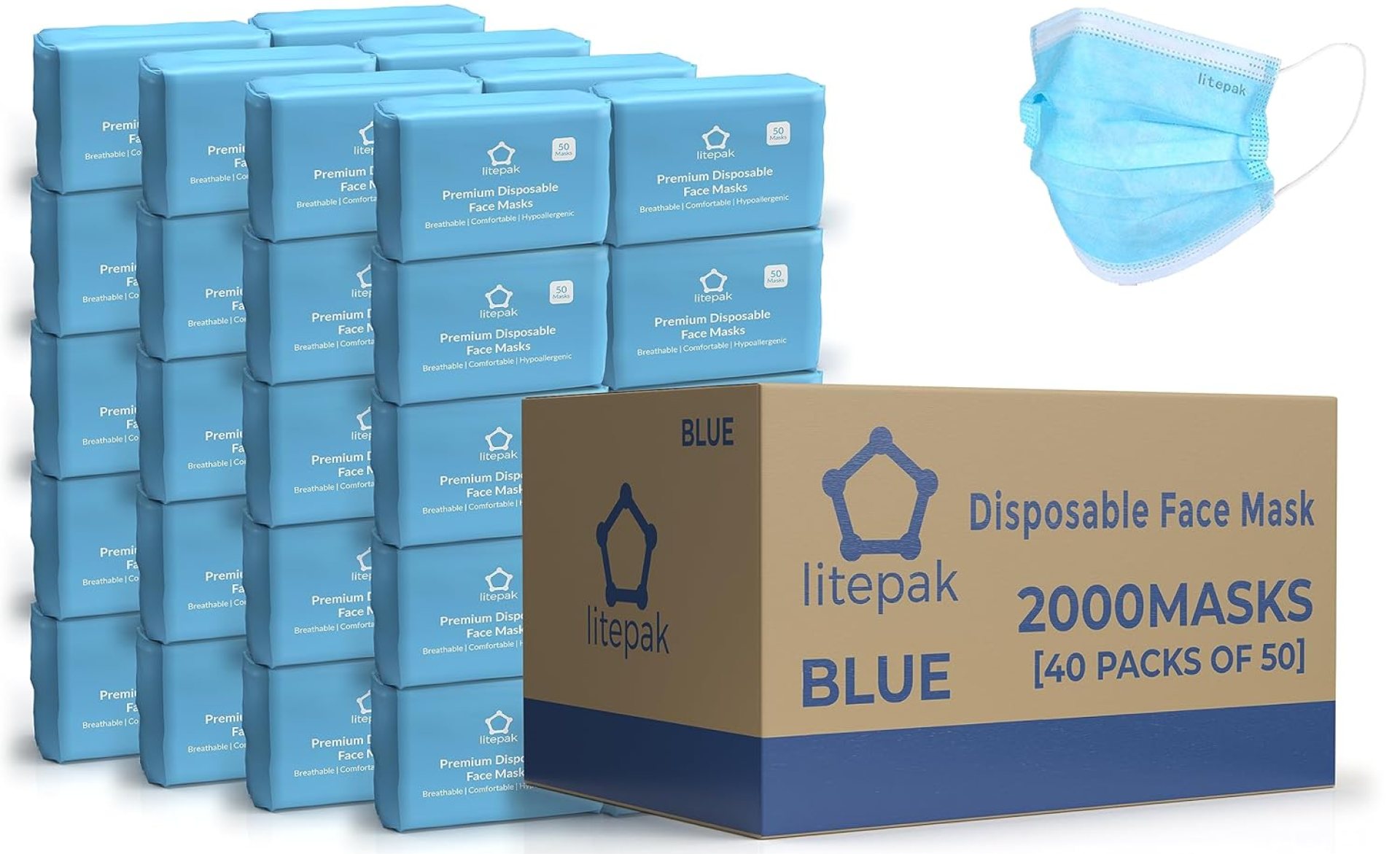 2,000pcs Disposable Face Masks- 3 Ply Breathable Mask For Adults – Blue (40 Packs of 50) 2,000pcs Disposable Face Masks- 3 Ply Breathable Mask For Adults – Blue (40 Packs of 50)