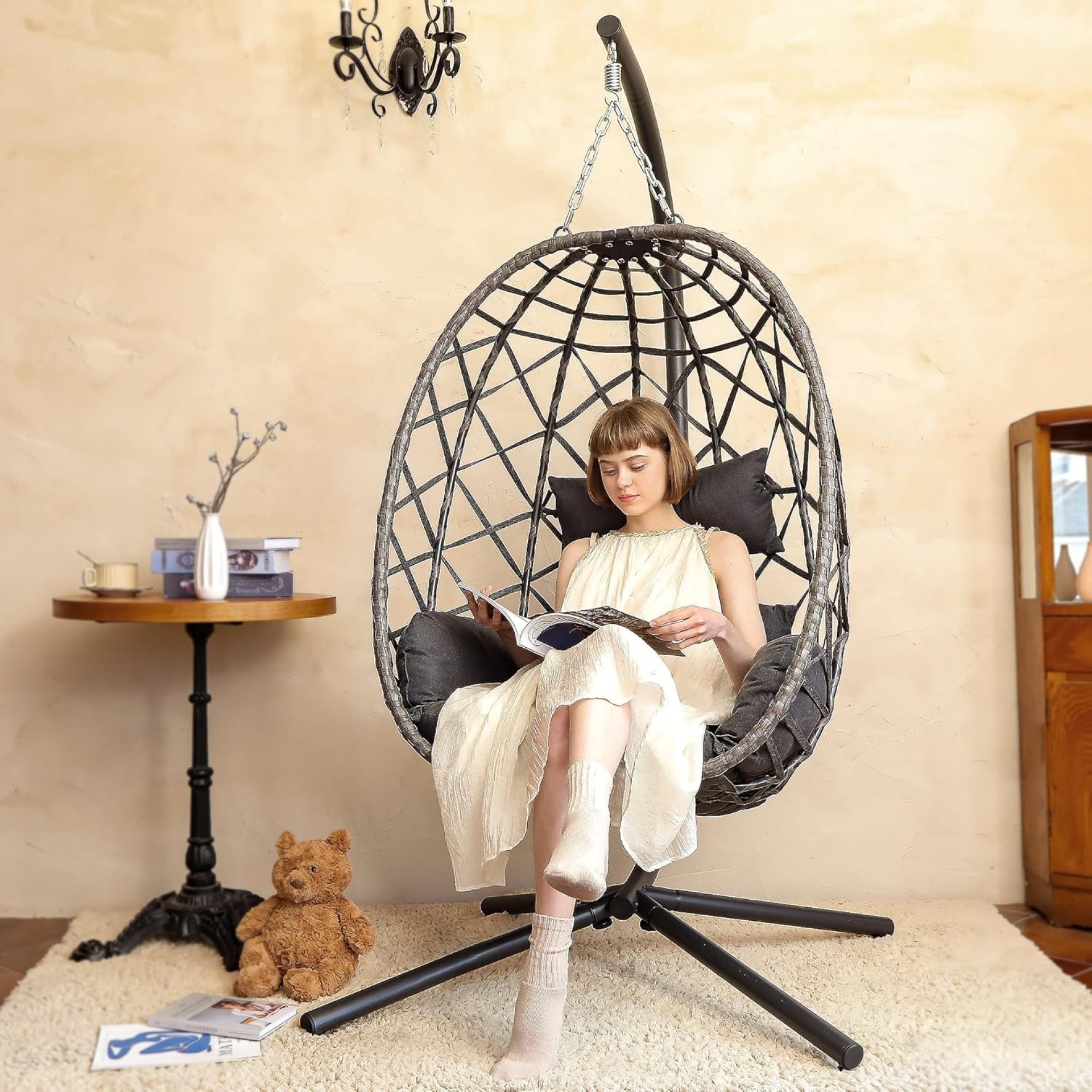 SWITTE Egg Swing Chair with Stand, Outdoor Patio Hanging Egg Chair, Indoor Hammock Chair with Cushion for Garden Backyard, 350LBS Capacity-Dark Grey SWITTE Egg Swing Chair with Stand, Outdoor Patio Hanging Egg Chair, Indoor Hammock Chair with Cushion for Garden Backyard, 350LBS Capacity-Dark Grey