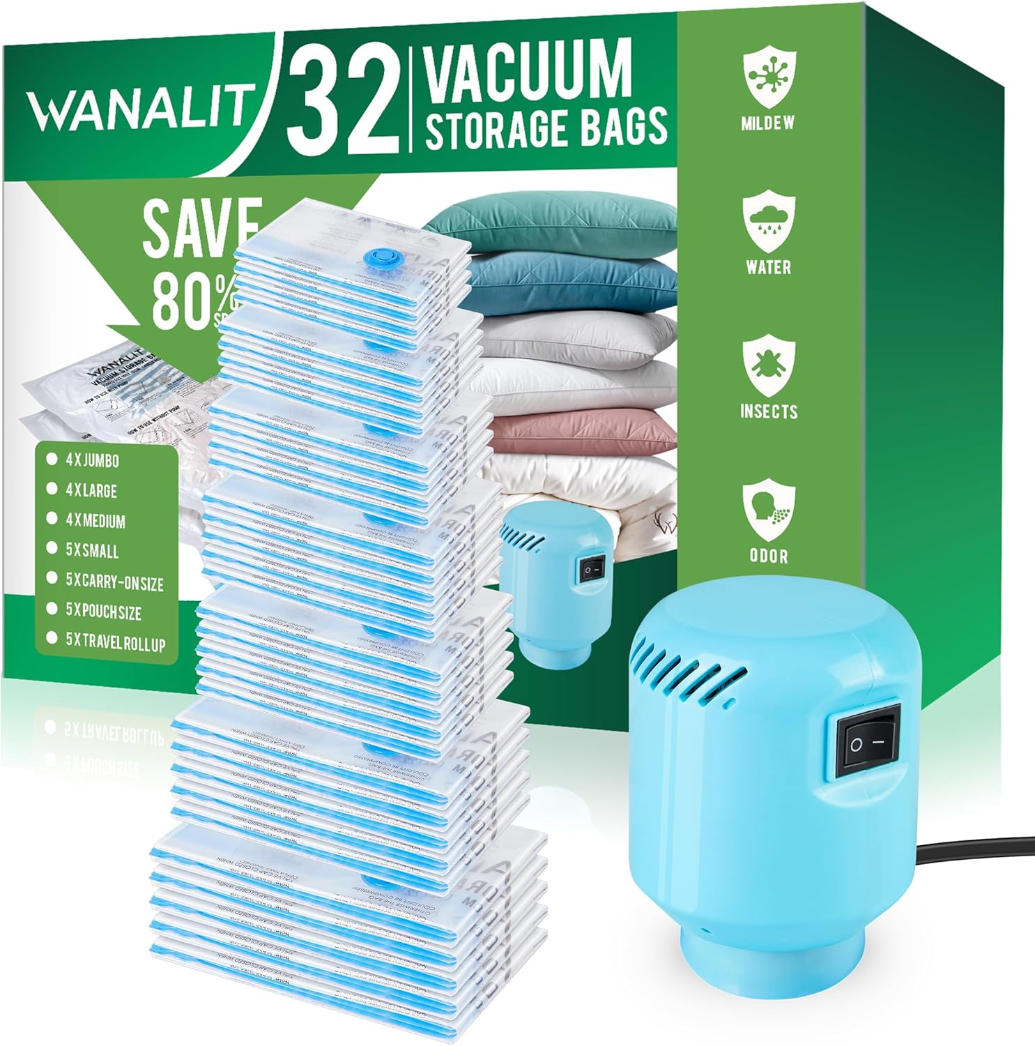 Vacuum Storage Bags with Electric Pump, New Air Valve 32 Pack (4J/4L/4M/5S/5S Carry on/5XS Pouch Size/5 Roll Up) Space Saver Bag, Vacuum Sealer Bags for Clothes, Pillows, Comforters, Quilt,Travel Vacuum Storage Bags with Electric Pump, New Air Valve 32 Pack (4J/4L/4M/5S/5S Carry on/5XS Pouch Size/5 Roll Up) Space Saver Bag, Vacuum Sealer Bags for Clothes, Pillows, Comforters, Quilt,Travel