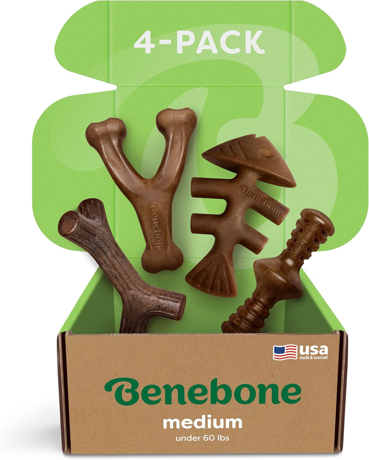 Benebone Medium 4-Pack Dog Chew Toys for Aggressive Chewers, Made in USA, 60lbs and Under Benebone Medium 4-Pack Dog Chew Toys for Aggressive Chewers, Made in USA, 60lbs and Under