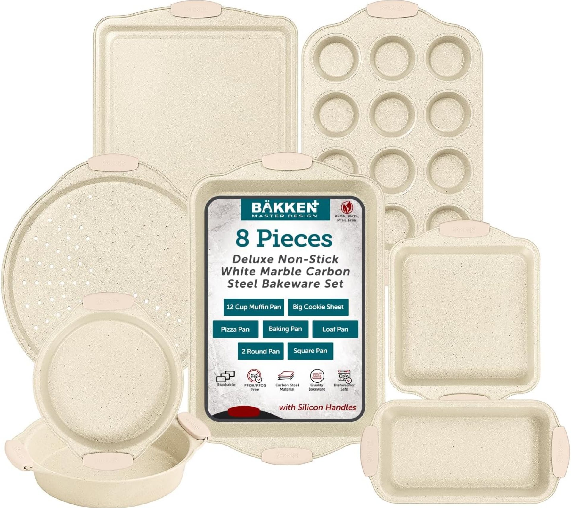 Deluxe 8-Piece Carbon Steel Bakeware Set – Nonstick White Marble Coating, Silicone Handles – Professional Quality Kitchen Oven Baking Pans Deluxe 8-Piece Carbon Steel Bakeware Set – Nonstick White Marble Coating, Silicone Handles – Professional Quality Kitchen Oven Baking Pans