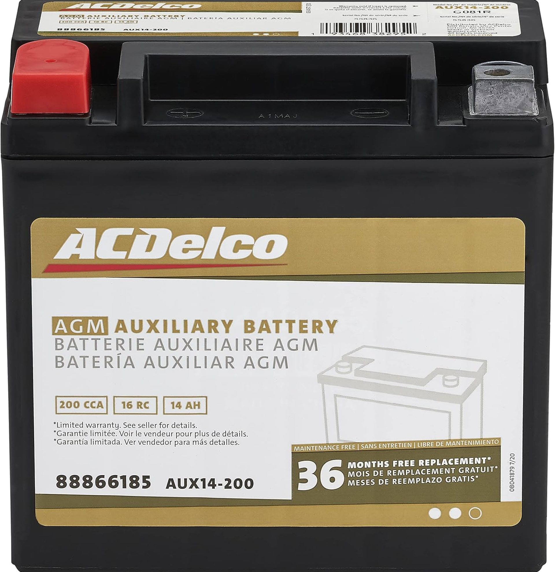 ACDelco Gold AUX14-200 (88866185) 36 Month Warranty Auxiliary AGM 200 CCA Battery ACDelco Gold AUX14-200 (88866185) 36 Month Warranty Auxiliary AGM 200 CCA Battery