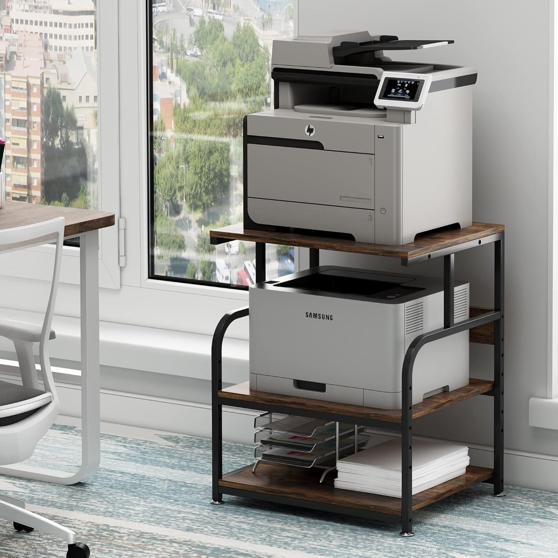 Large Printer Stand with Adjustable Storage Shelf, 3 Tier Printer Cart with Wheels for Home Office Organization, Rolling Table Stand for Heat Press Mini Fridge, Industrial Style Large Printer Stand with Adjustable Storage Shelf, 3 Tier Printer Cart with Wheels for Home Office Organization, Rolling Table Stand for Heat Press Mini Fridge, Industrial Style