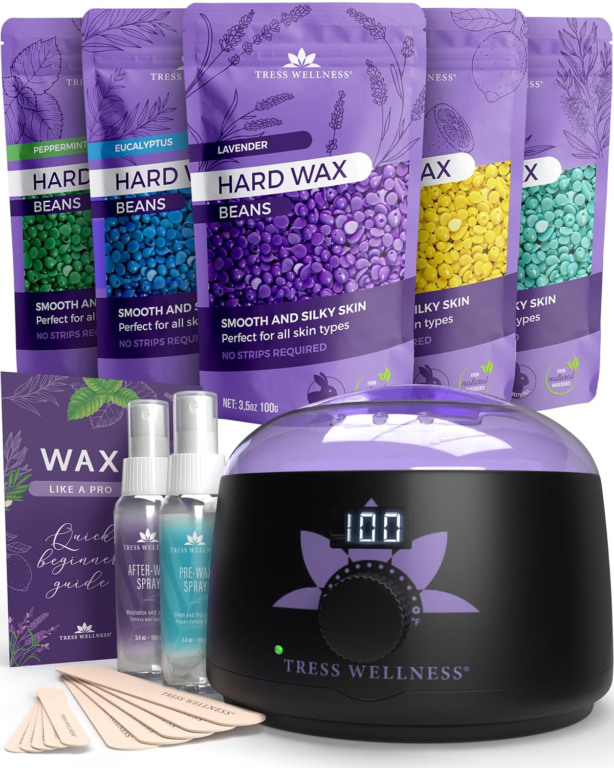 Tress Wellness Waxing Kit for Brazilian Wax – Easy to Use – For Sensitive Skin – Digital Display, Black Purple Flower Tress Wellness Waxing Kit for Brazilian Wax – Easy to Use – For Sensitive Skin – Digital Display, Black Purple Flower