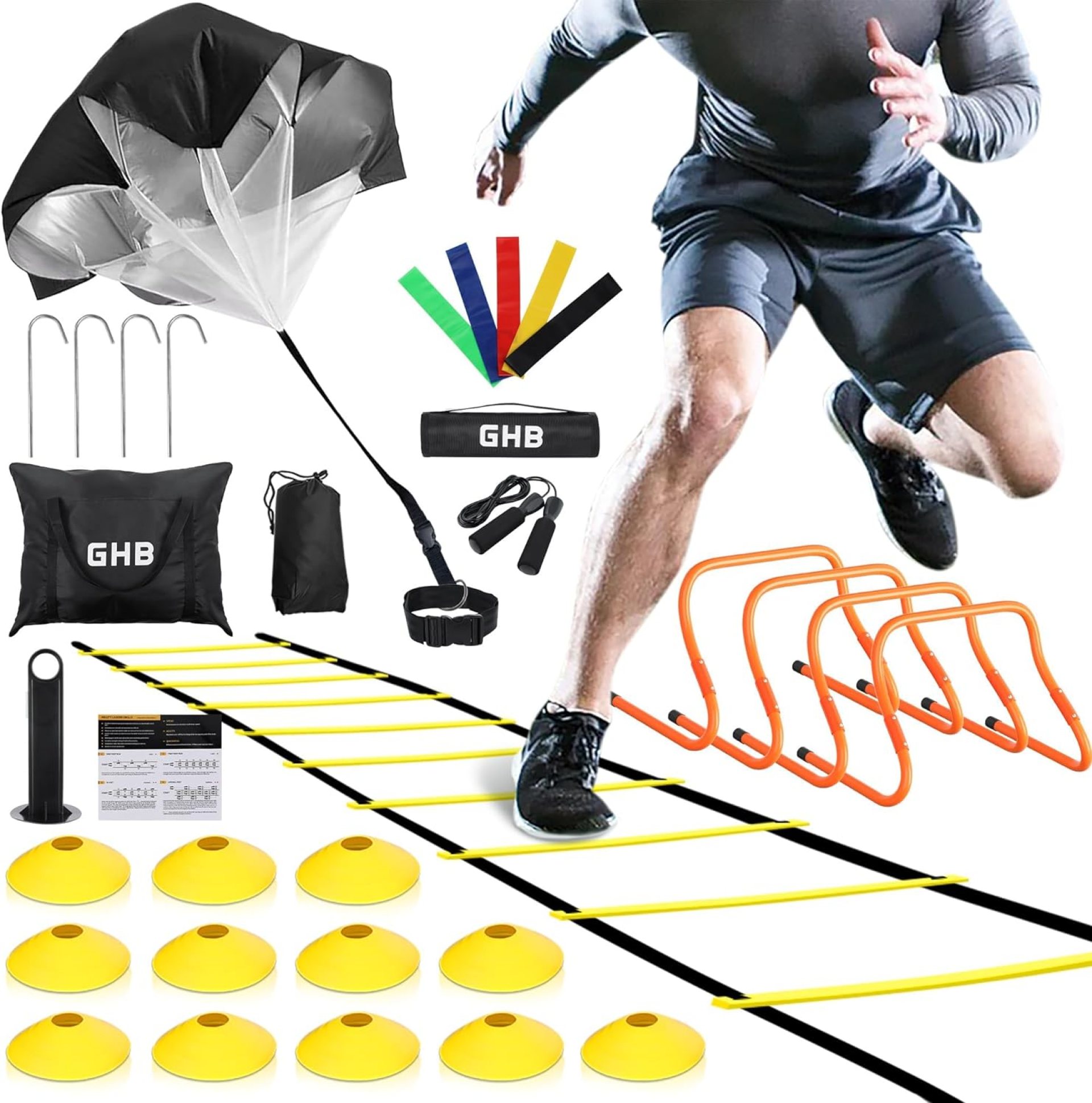 GHB Agility Ladder,Football Training Equipment Set,4 Agility Hurdles, 20 feet12 Rungs Speed Ladder,12 Disc Cones,Resistance Parachute, Jump Rope, 4 Resistance Bands GHB Agility Ladder,Football Training Equipment Set,4 Agility Hurdles, 20 feet12 Rungs Speed Ladder,12 Disc Cones,Resistance Parachute, Jump Rope, 4 Resistance Bands