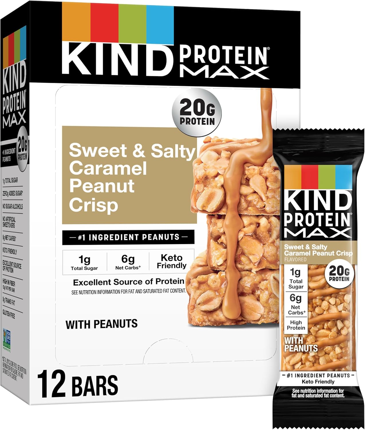 KIND Protein MAX Sweet & Salty Caramel Peanut Crisp Snack Bars, Keto Friendly, 20g Protein, 12 Count KIND Protein MAX Sweet & Salty Caramel Peanut Crisp Snack Bars, Keto Friendly, 20g Protein, 12 Count