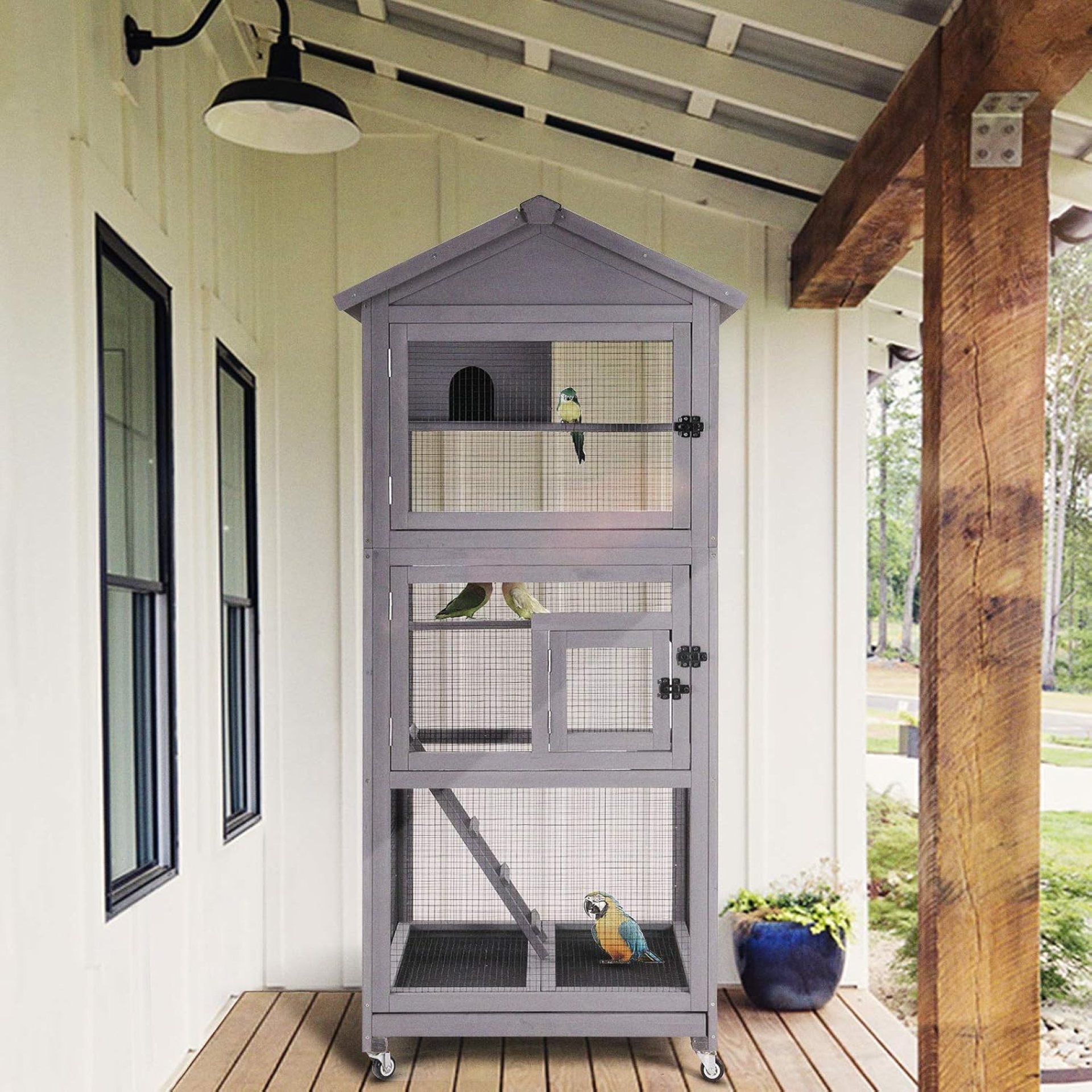 GUTINNEEN Outdoor Bird Aviary Wooden Large Bird Cage on Wheels, Featuring Play Stand, Perches, Nest Habitat, Include Wire Mesh Above Bottom Tray Easy to Clean GUTINNEEN Outdoor Bird Aviary Wooden Large Bird Cage on Wheels, Featuring Play Stand, Perches, Nest Habitat, Include Wire Mesh Above Bottom Tray Easy to Clean