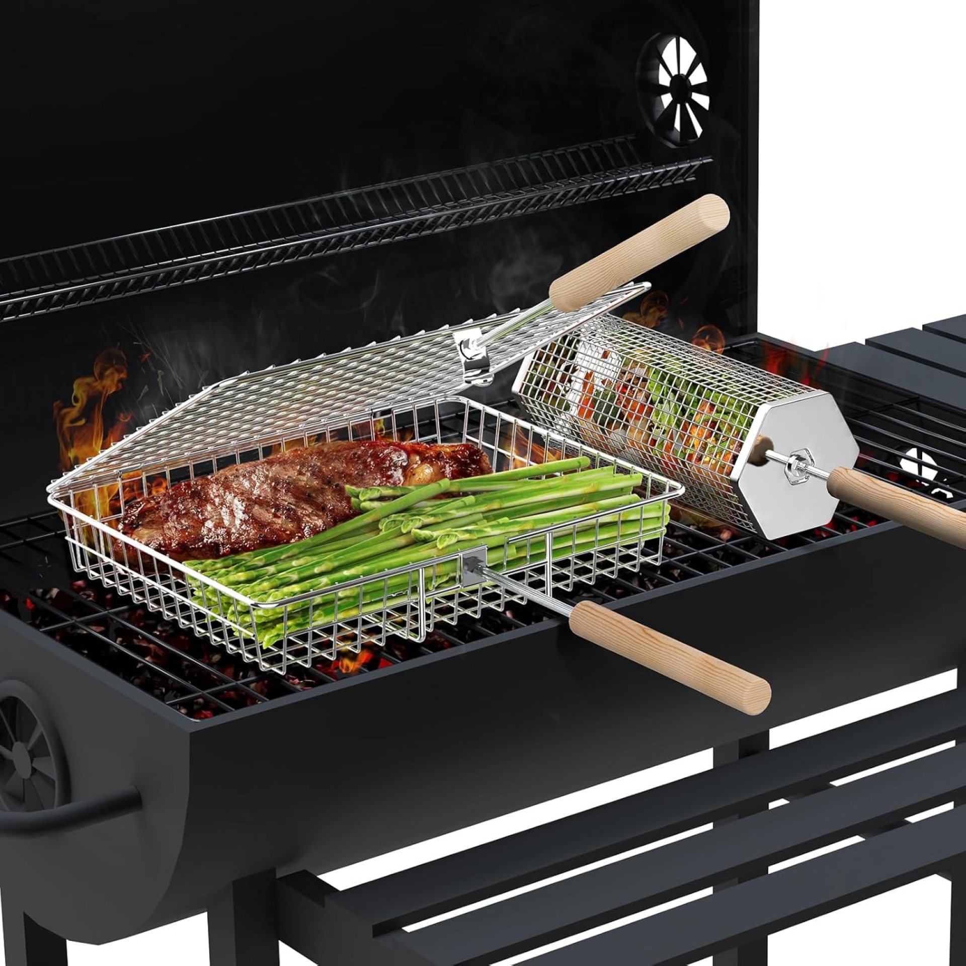 Grill Baskets, Removable Wooden Handle, 304 Stainless Steel, Rolling Grilling Net, BBQ Accessories Tools for Vegetables Shrimp, Outdoor Cooking Camping, Gifts for Men Dad Husband Grill Baskets, Removable Wooden Handle, 304 Stainless Steel, Rolling Grilling Net, BBQ Accessories Tools for Vegetables Shrimp, Outdoor Cooking Camping, Gifts for Men Dad Husband