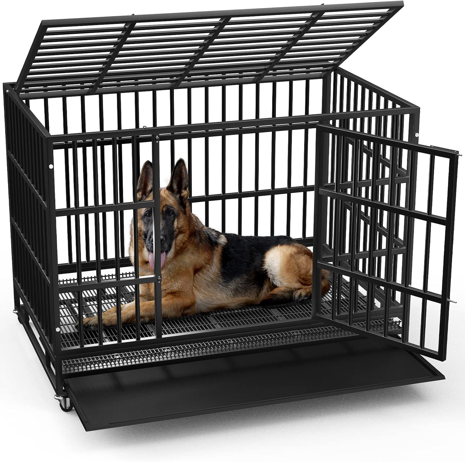 LEMBERI 48/38 inch Heavy Duty Indestructible Dog Crate, Escape Proof Dog Cage Kennel with Lockable Wheels,High Anxiety Double Door,Extra Large Crate Indoor for Large Dog with Removable Tray LEMBERI 48/38 inch Heavy Duty Indestructible Dog Crate, Escape Proof Dog Cage Kennel with Lockable Wheels,High Anxiety Double Door,Extra Large Crate Indoor for Large Dog with Removable Tray