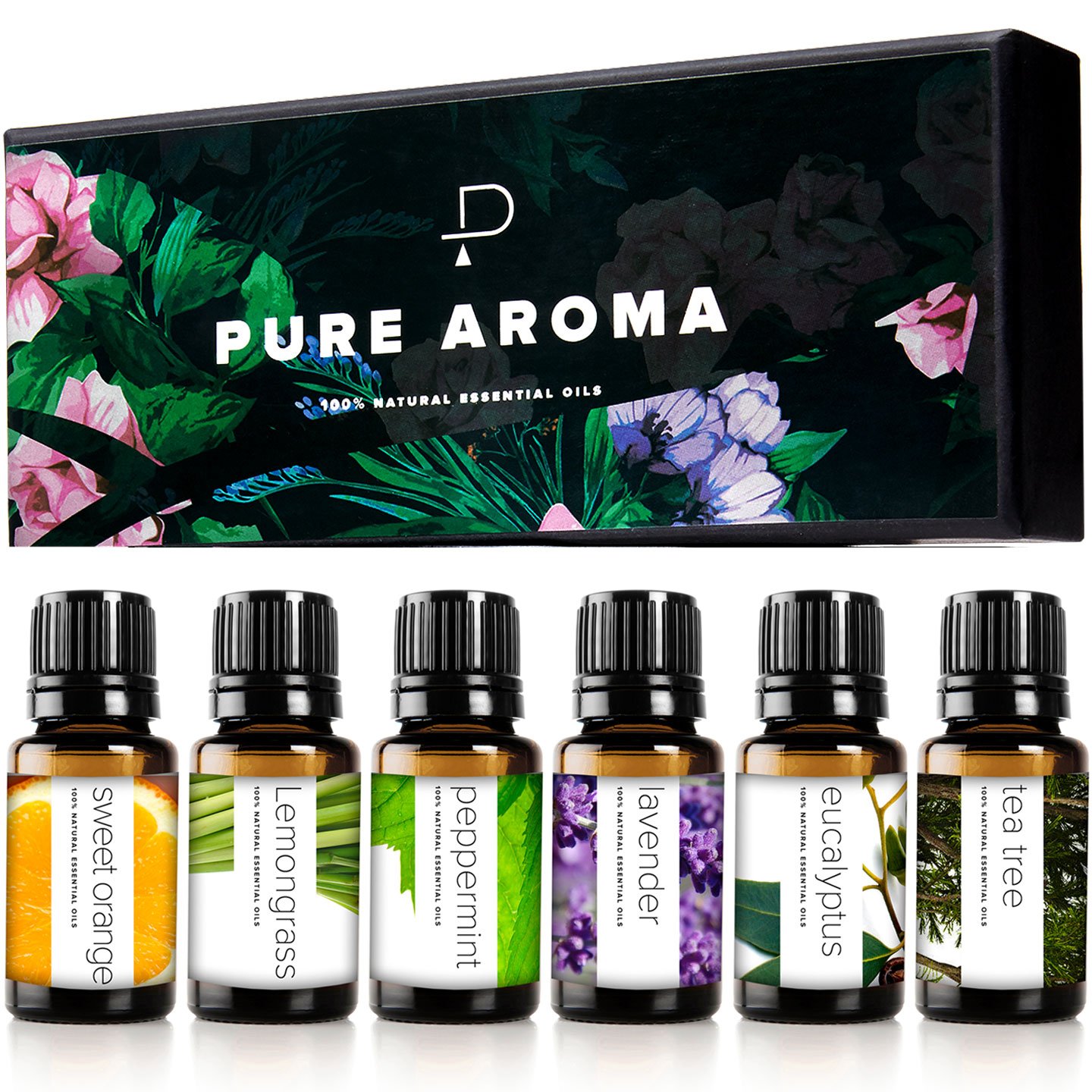 Essential Oils Set by Pure Aroma – Top 6 Aromatherapy Oils Gift Set-6 Pack, 10ml (Eucalyptus, Lavender, Lemongrass, Sweet Orange, Peppermint, Tea Tree) Essential Oils Set by Pure Aroma – Top 6 Aromatherapy Oils Gift Set-6 Pack, 10ml (Eucalyptus, Lavender, Lemongrass, Sweet Orange, Peppermint, Tea Tree)