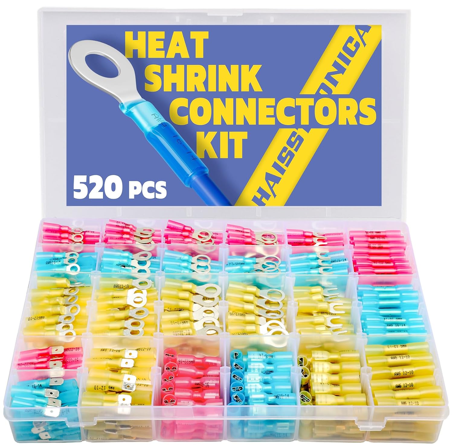 haisstronica 520PCS Marine Grade Heat Shrink Wire Connectors-Electrical Connectors Kit of Tinned Red Copper,16-14 22-16 12-10 Gauge Crimp Insulated Ring Fork Spade Butt Splices(3Colors/24Size) haisstronica 520PCS Marine Grade Heat Shrink Wire Connectors-Electrical Connectors Kit of Tinned Red Copper,16-14 22-16 12-10 Gauge Crimp Insulated Ring Fork Spade Butt Splices(3Colors/24Size)