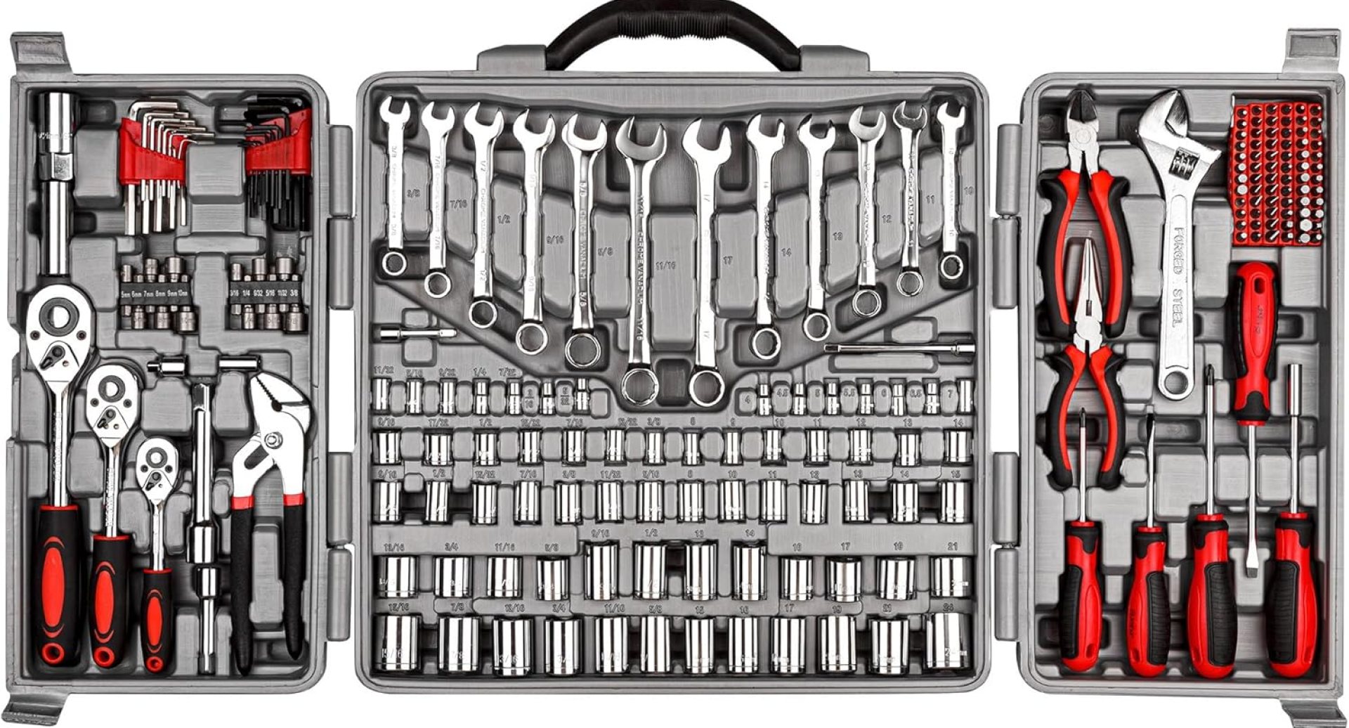 CARTMAN 205 Piece Ratchet Wrench Tool Set 1/4″ & 3/8″ & 1/2″ Drive with SAE/Metric Sockets Kit in Plastic Toolbox CARTMAN 205 Piece Ratchet Wrench Tool Set 1/4″ & 3/8″ & 1/2″ Drive with SAE/Metric Sockets Kit in Plastic Toolbox
