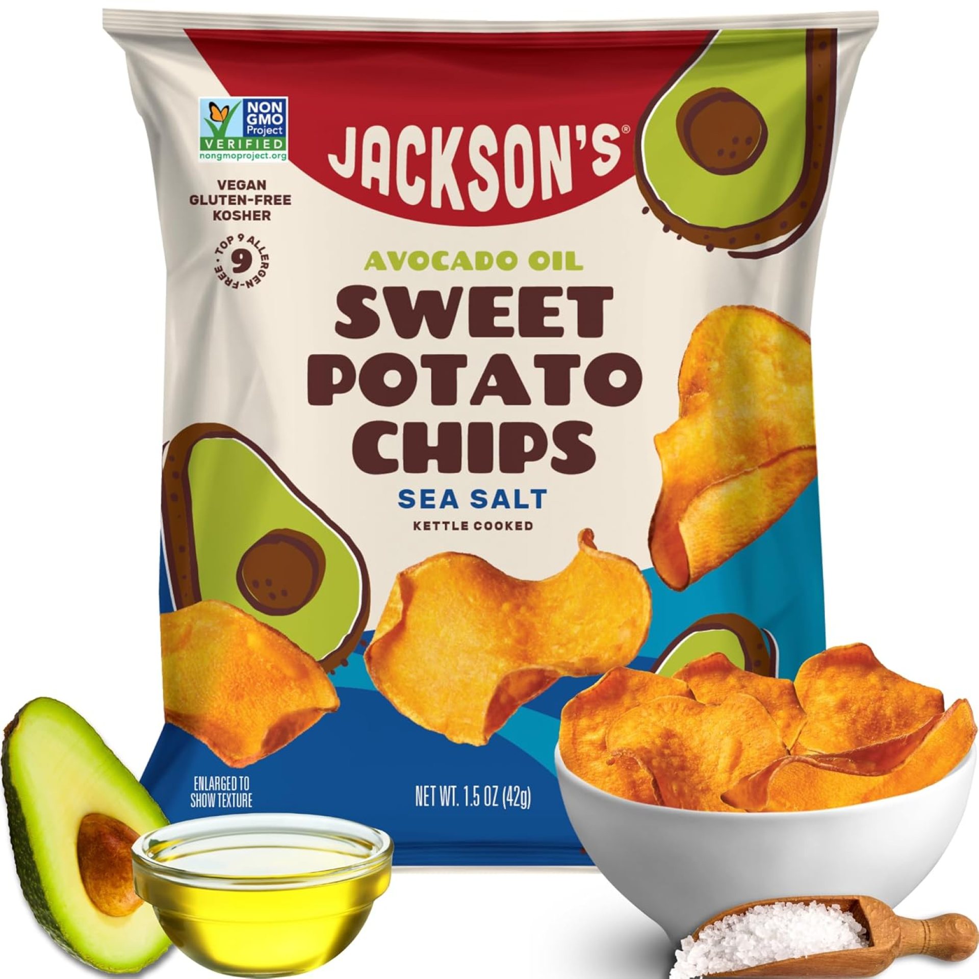 Jackson’s Sweet Potato Kettle Chips with Sea Salt made with Premium Avocado Oil (1.5 oz, Pack of 10) – Allergen-friendly, Gluten Free, Peanut Free, Vegan, Paleo Friendly – Shark Tank Product Jackson’s Sweet Potato Kettle Chips with Sea Salt made with Premium Avocado Oil (1.5 oz, Pack of 10) – Allergen-friendly, Gluten Free, Peanut Free, Vegan, Paleo Friendly – Shark Tank Product