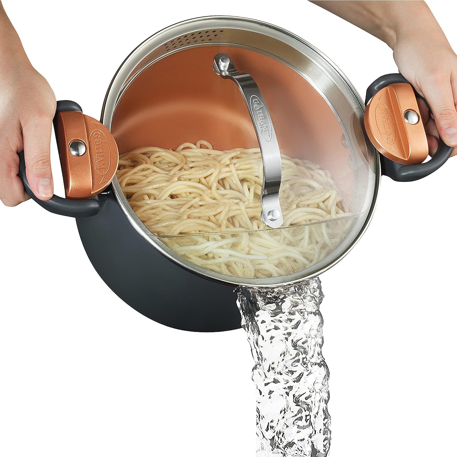 Gotham Steel 5 Quart Stock Pot Multipurpose Pasta Pot with Strainer Lid & Twist and Lock Handles, Nonstick Ceramic Surface Makes for Effortless Cleanup with Tempered Glass Lid, Dishwasher Safe Gotham Steel 5 Quart Stock Pot Multipurpose Pasta Pot with Strainer Lid & Twist and Lock Handles, Nonstick Ceramic Surface Makes for Effortless Cleanup with Tempered Glass Lid, Dishwasher Safe