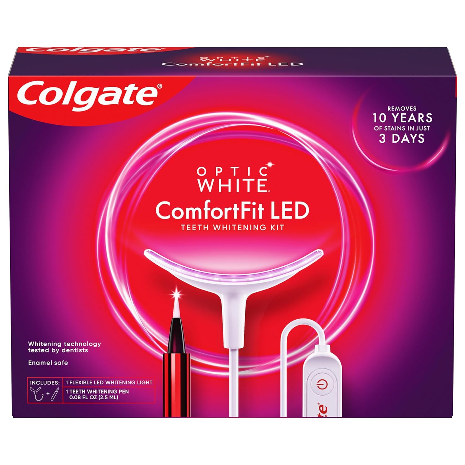 Colgate Optic White ComfortFit Teeth Whitening Kit with LED Light and Whitening Pen, LED Teeth Whitening Kit, Enamel Safe, Works with iPhone and Android Colgate Optic White ComfortFit Teeth Whitening Kit with LED Light and Whitening Pen, LED Teeth Whitening Kit, Enamel Safe, Works with iPhone and Android