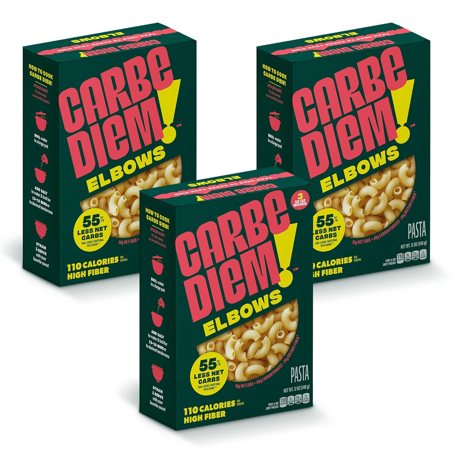 Carbe Diem!, Elbows, Lower Net Carb Pasta with Traditional Flavor & Texture, 55% Fewer Net Carbs & Only 110 Calories Per Serving, Pack of 3 Carbe Diem!, Elbows, Lower Net Carb Pasta with Traditional Flavor & Texture, 55% Fewer Net Carbs & Only 110 Calories Per Serving, Pack of 3