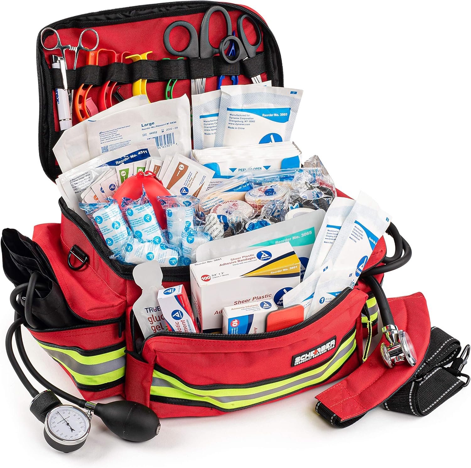 Scherber First Responder Fully-Stocked Professional Essentials EMT/EMS Trauma Kit | HSA/FSA Approved | Reflective Bag w/8 Zippered Pockets & Compartments & 200+ First Aid Supplies – Red Scherber First Responder Fully-Stocked Professional Essentials EMT/EMS Trauma Kit | HSA/FSA Approved | Reflective Bag w/8 Zippered Pockets & Compartments & 200+ First Aid Supplies – Red