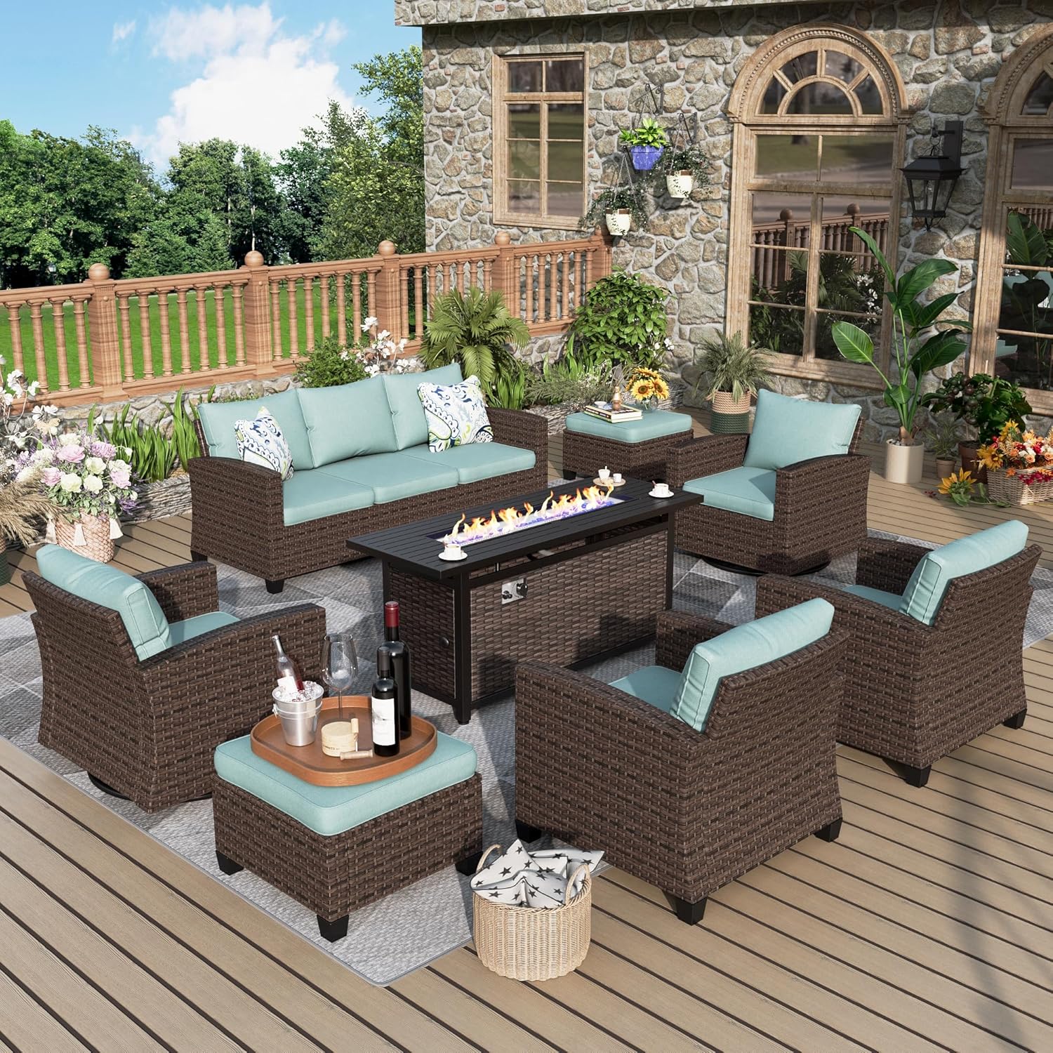 Swivel Glider Patio Furniture Set, 8 Pcs Wicker Outdoor Conversation Set, 2 x Swivel Chairs, 2 x Leg Chairs, 1 x 3 Seater Sofa and 2 x Ottomans and 56″ Fire Pit Table, Blue Swivel Glider Patio Furniture Set, 8 Pcs Wicker Outdoor Conversation Set, 2 x Swivel Chairs, 2 x Leg Chairs, 1 x 3 Seater Sofa and 2 x Ottomans and 56″ Fire Pit Table, Blue