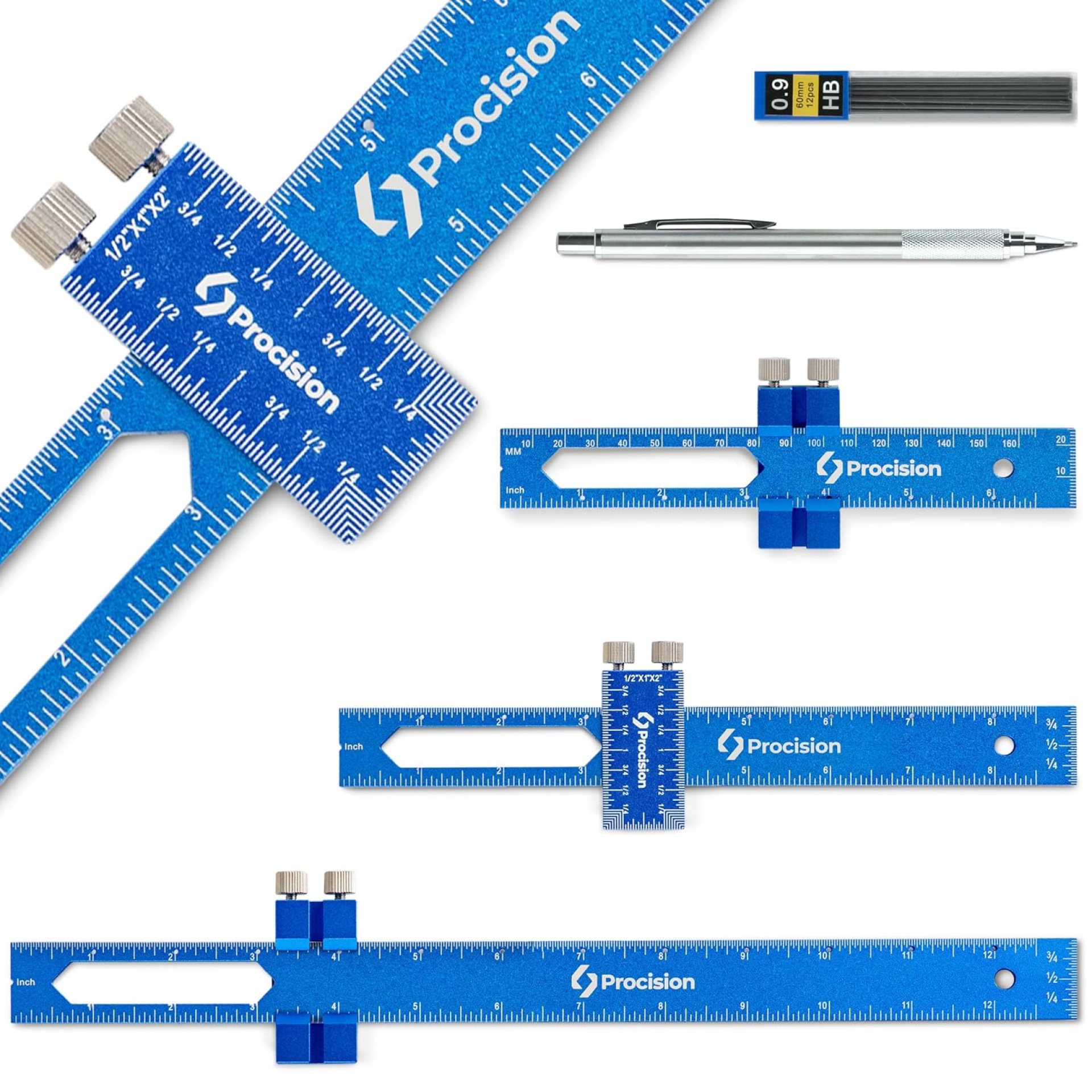 Procision Woodworking Set of 3 Rulers (12, 8, 6 Inch) with Extra Wide 2″ Sliding Attachment and Mechanical Pencil Procision Woodworking Set of 3 Rulers (12, 8, 6 Inch) with Extra Wide 2″ Sliding Attachment and Mechanical Pencil