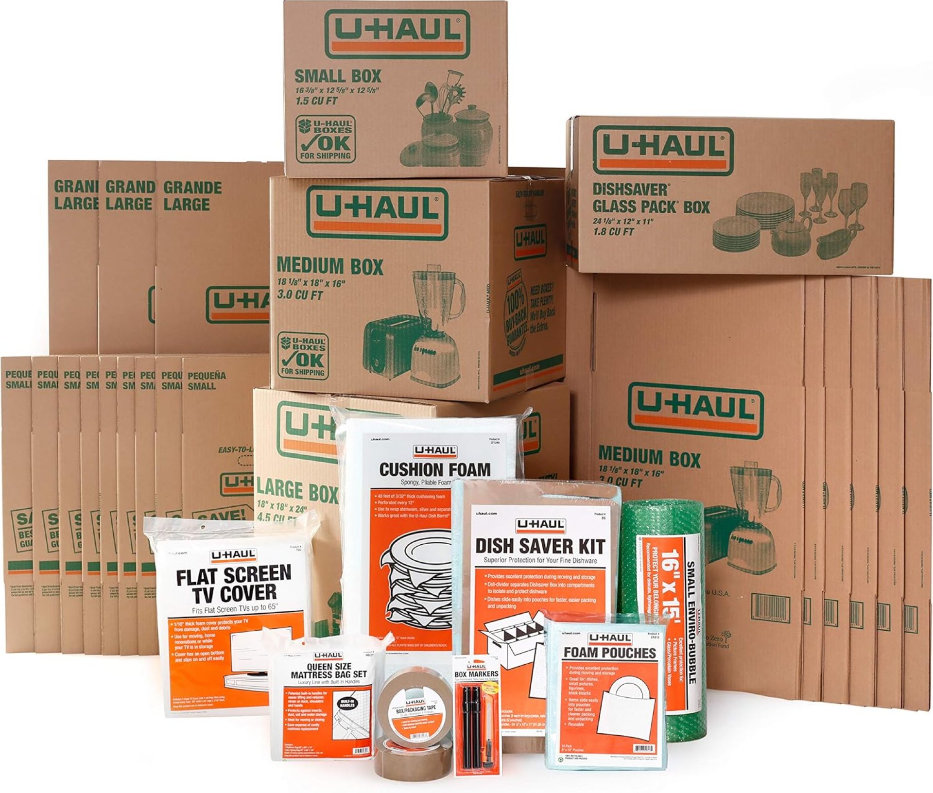 U-Haul Apartment Moving Kit – 21 Boxes, 1 Dish Packing Kit, Foam Pouches, Tape, Mattress Bag, TV Cover, and Other Assorted Packing Supplies U-Haul Apartment Moving Kit – 21 Boxes, 1 Dish Packing Kit, Foam Pouches, Tape, Mattress Bag, TV Cover, and Other Assorted Packing Supplies