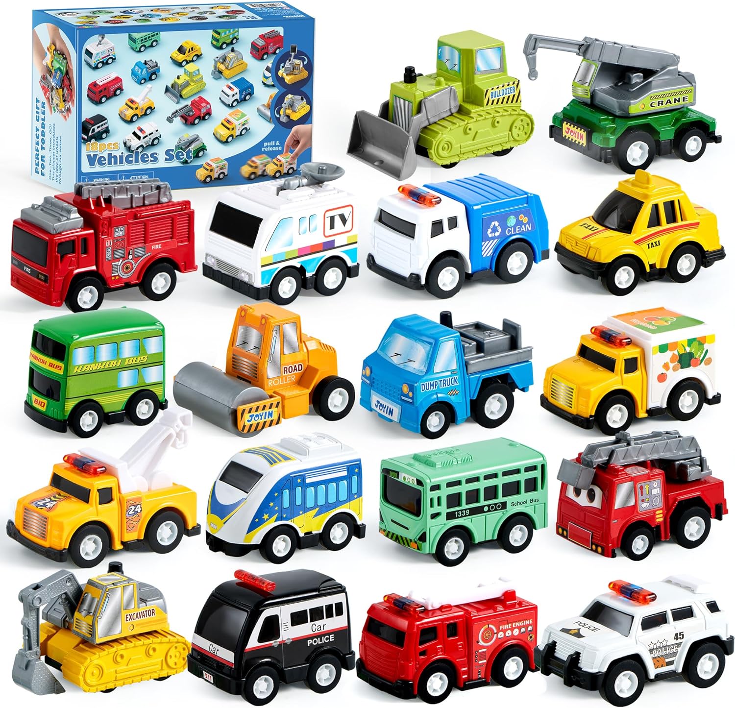 JOYIN 18 Pcs Pull Back City Cars and Trucks Toy Vehicles Set, Friction Powered Cars Toys for Toddlers, Boys, Girls’ Educational Play, Goodie Bags Stuffers JOYIN 18 Pcs Pull Back City Cars and Trucks Toy Vehicles Set, Friction Powered Cars Toys for Toddlers, Boys, Girls’ Educational Play, Goodie Bags Stuffers