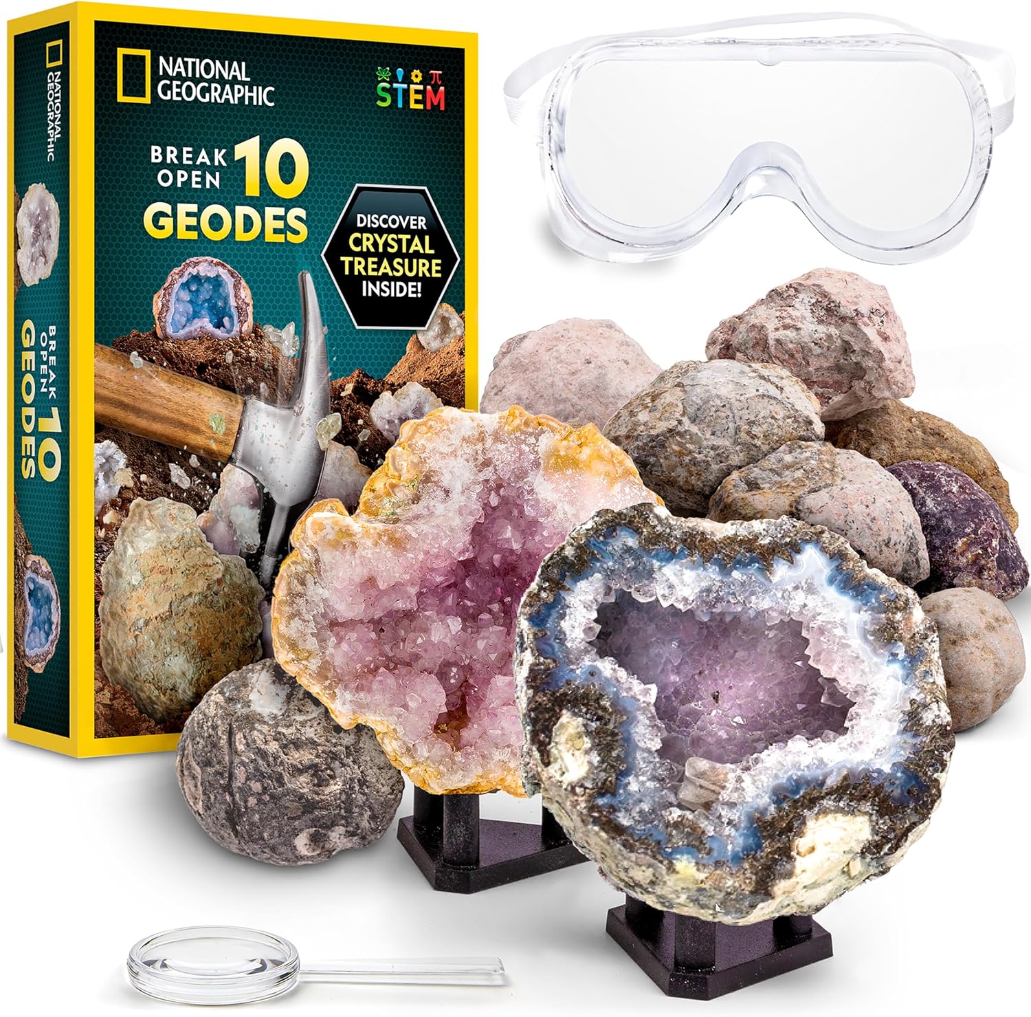 NATIONAL GEOGRAPHIC Break Open 10 Premium Geodes – Includes Goggles and 2 Display Stands – Great STEM Science Kit, Geology Gift for Kids, Break Your Own Geodes with Crystals, Toys for Boys and Girls NATIONAL GEOGRAPHIC Break Open 10 Premium Geodes – Includes Goggles and 2 Display Stands – Great STEM Science Kit, Geology Gift for Kids, Break Your Own Geodes with Crystals, Toys for Boys and Girls