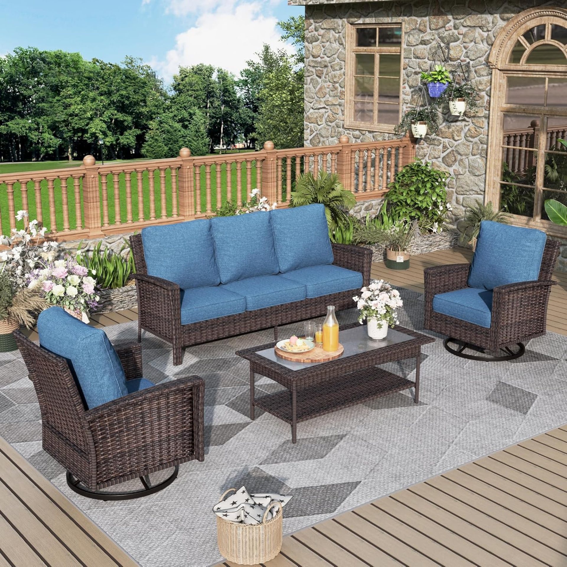 4-Piece Patio Furniture Set, Oversized Outdoor Wicker Sofa with Swivel Chairs and Coffee Table, Sectional Rattan Outdoor Conversation Set for Poolside Backyard Deck, Blue 4-Piece Patio Furniture Set, Oversized Outdoor Wicker Sofa with Swivel Chairs and Coffee Table, Sectional Rattan Outdoor Conversation Set for Poolside Backyard Deck, Blue