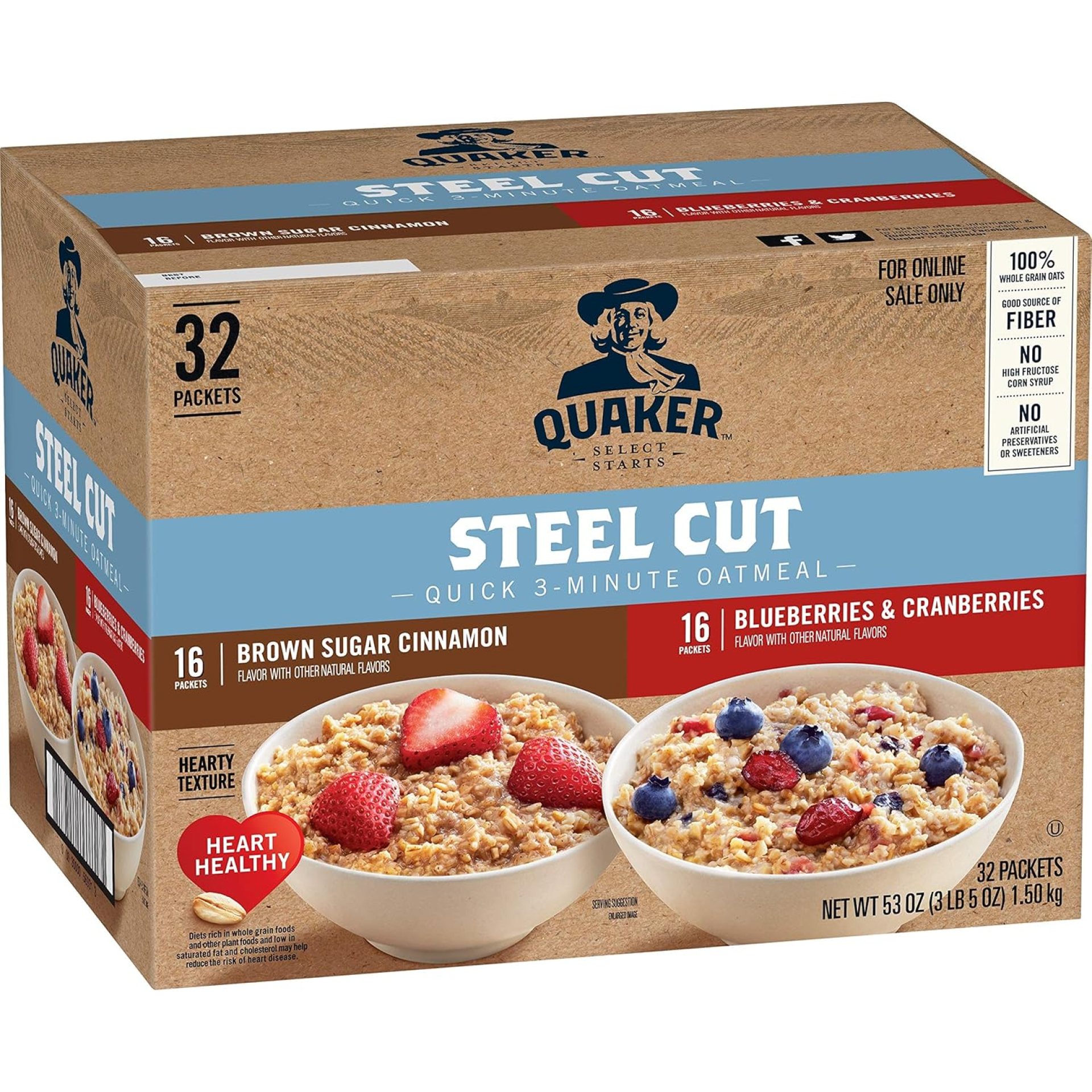 Quaker Steel Cut Quick 3-Minute Oatmeal, 2 Flavor Variety Pack, Individual Packets, 32 Count Quaker Steel Cut Quick 3-Minute Oatmeal, 2 Flavor Variety Pack, Individual Packets, 32 Count