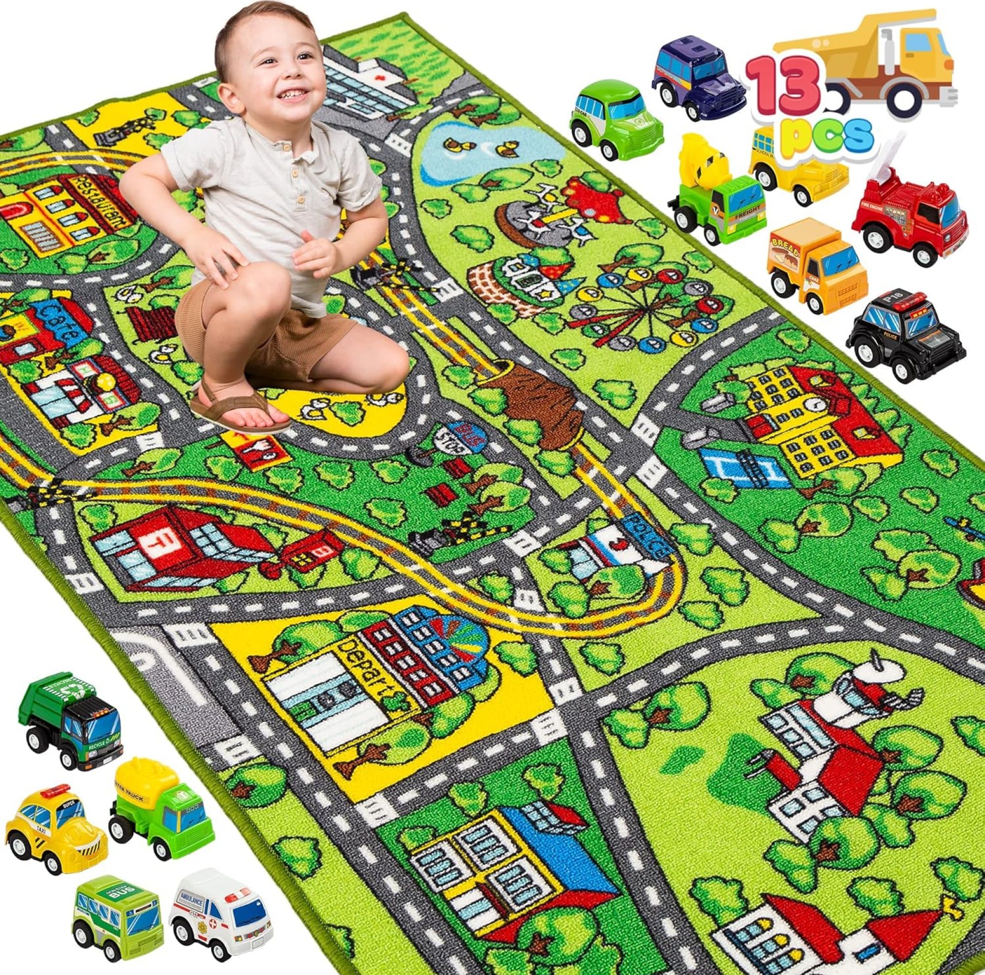 JOYIN Carpet Playmat w/ 12 Cars Pull-Back Vehicle Set for Kids Age 3+, Jumbo Play Room Rug, City Pretend Play Multiple Color JOYIN Carpet Playmat w/ 12 Cars Pull-Back Vehicle Set for Kids Age 3+, Jumbo Play Room Rug, City Pretend Play Multiple Color