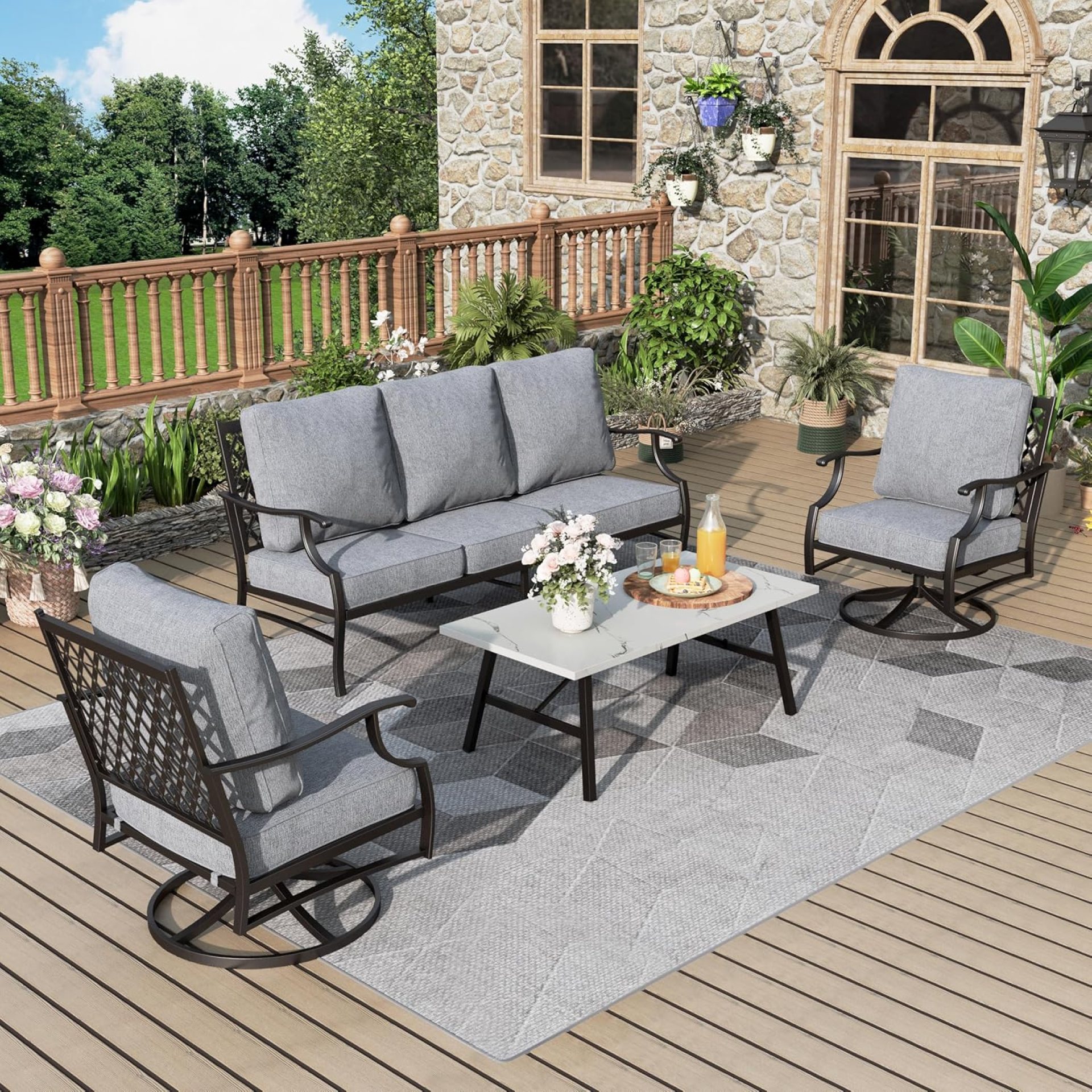Patio Furniture Set 4 pcs, Outdoor Patio Furniture, 3-Seat Sofa, 2 Swivel Chairs, Coffee Table and 5.75″ Extra Thick Cushion, Patio Conversation Set for Backyard Deck,Grey Patio Furniture Set 4 pcs, Outdoor Patio Furniture, 3-Seat Sofa, 2 Swivel Chairs, Coffee Table and 5.75″ Extra Thick Cushion, Patio Conversation Set for Backyard Deck,Grey