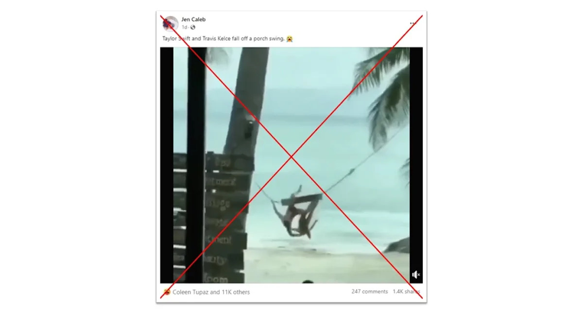 Taylor Swift and Travis Kelce were not caught on camera falling off a beach swing. Taylor Swift and Travis Kelce were not caught on camera falling off a beach swing.