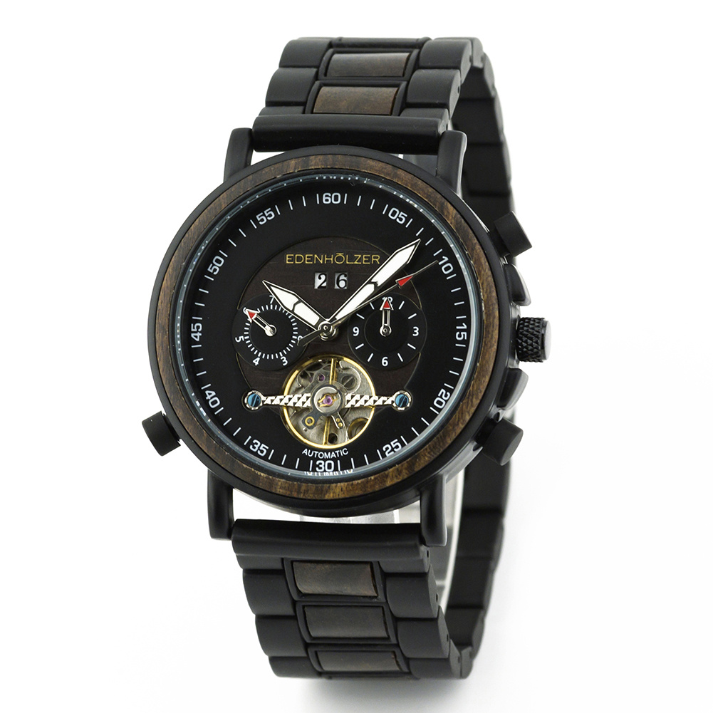 Edenhölzer Holzuhr Herren Armbanduhr Automatik Borneo Holzarmband Datumsanzeige – Bild 2