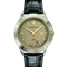 Versace Univers Herrenuhr Schwarzes Leder Gold Silber Stahl GMT 43mm VEBK00218 Versace Univers Herrenuhr Schwarzes Leder Gold Silber Stahl GMT 43mm VEBK00218