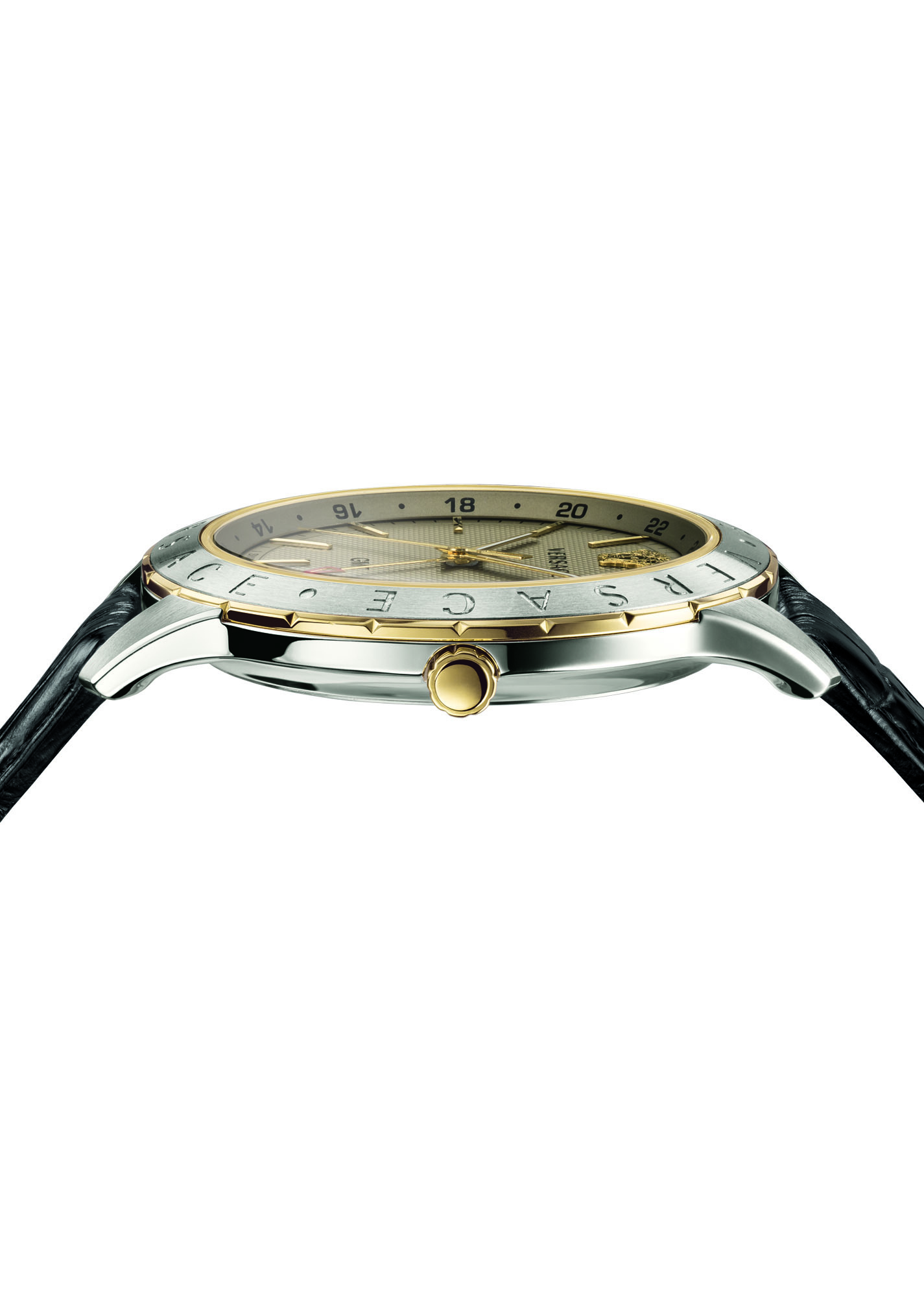 Versace Univers Herrenuhr Schwarzes Leder Gold Silber Stahl GMT 43mm VEBK00218 – Bild 3