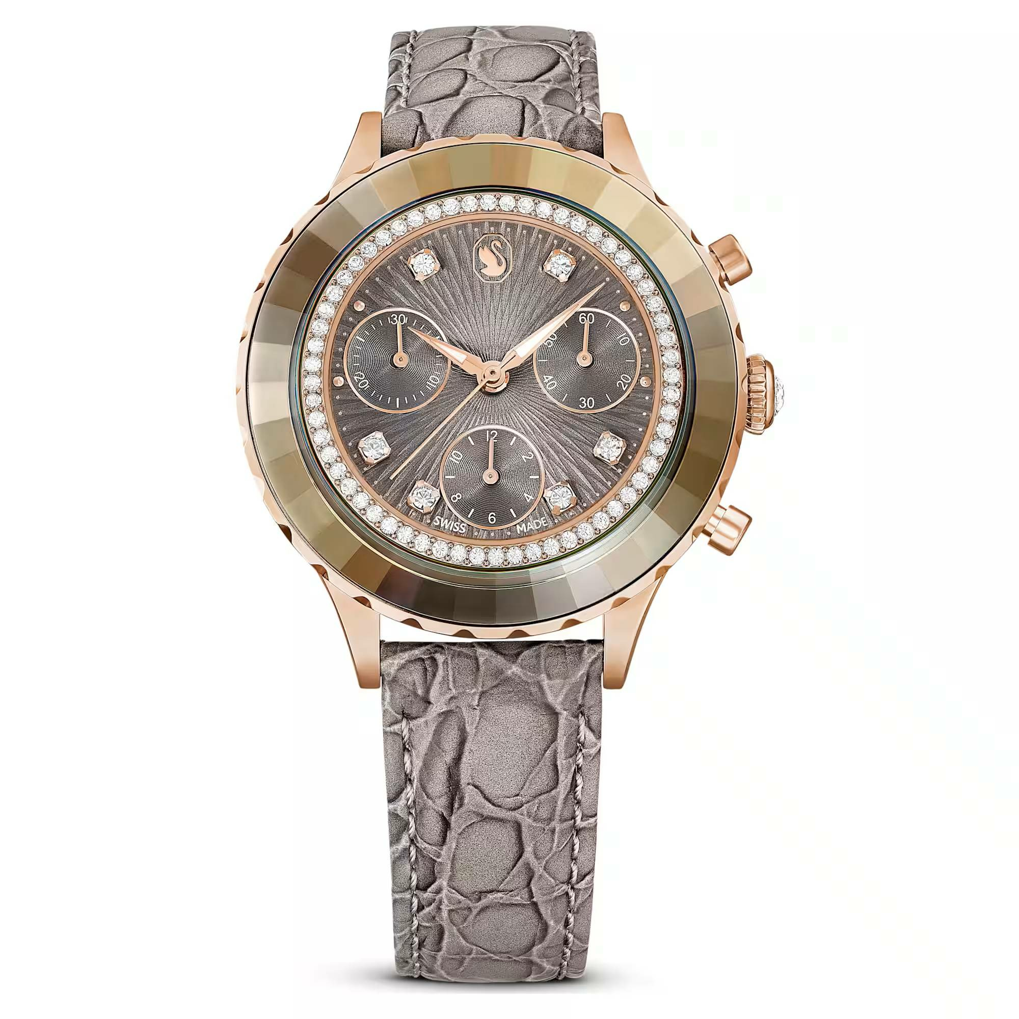 Swarovski Damen Schweizer Chronograph Uhr Octea Chrono Grau Roségold Finish Lede... Swarovski Damen Schweizer Chronograph Uhr Octea Chrono Grau Roségold Finish Lede...