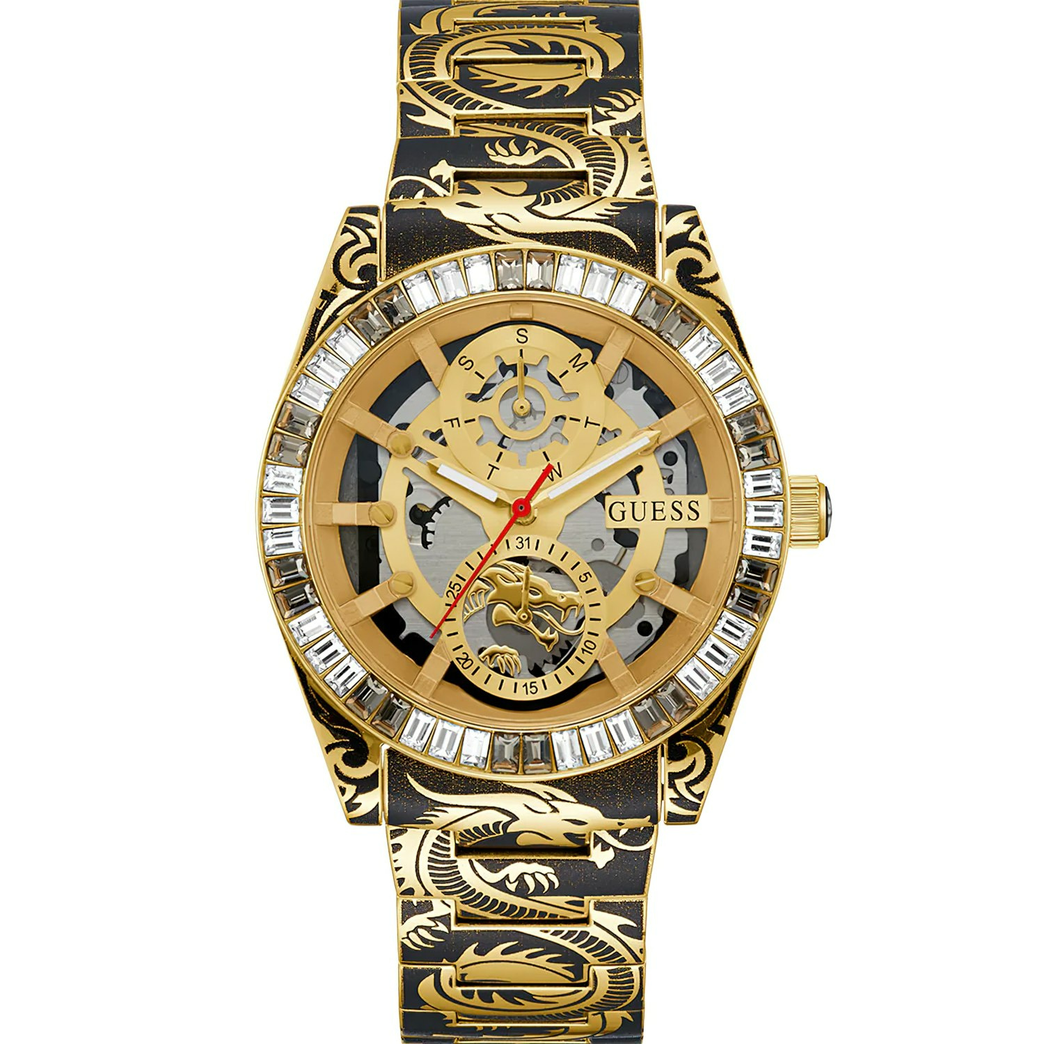 Guess Herren Armbanduhr DRAGON Drachenmuster-Armband Gold-Schwarz 42 mm GW0649G1 Guess Herren Armbanduhr DRAGON Drachenmuster-Armband Gold-Schwarz 42 mm GW0649G1