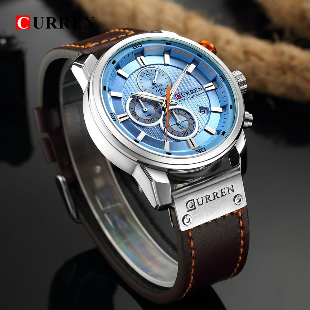CURREN Men%27s Dark Brown Chronograph Quartz Watch Waterproof Leather Strap Sports...