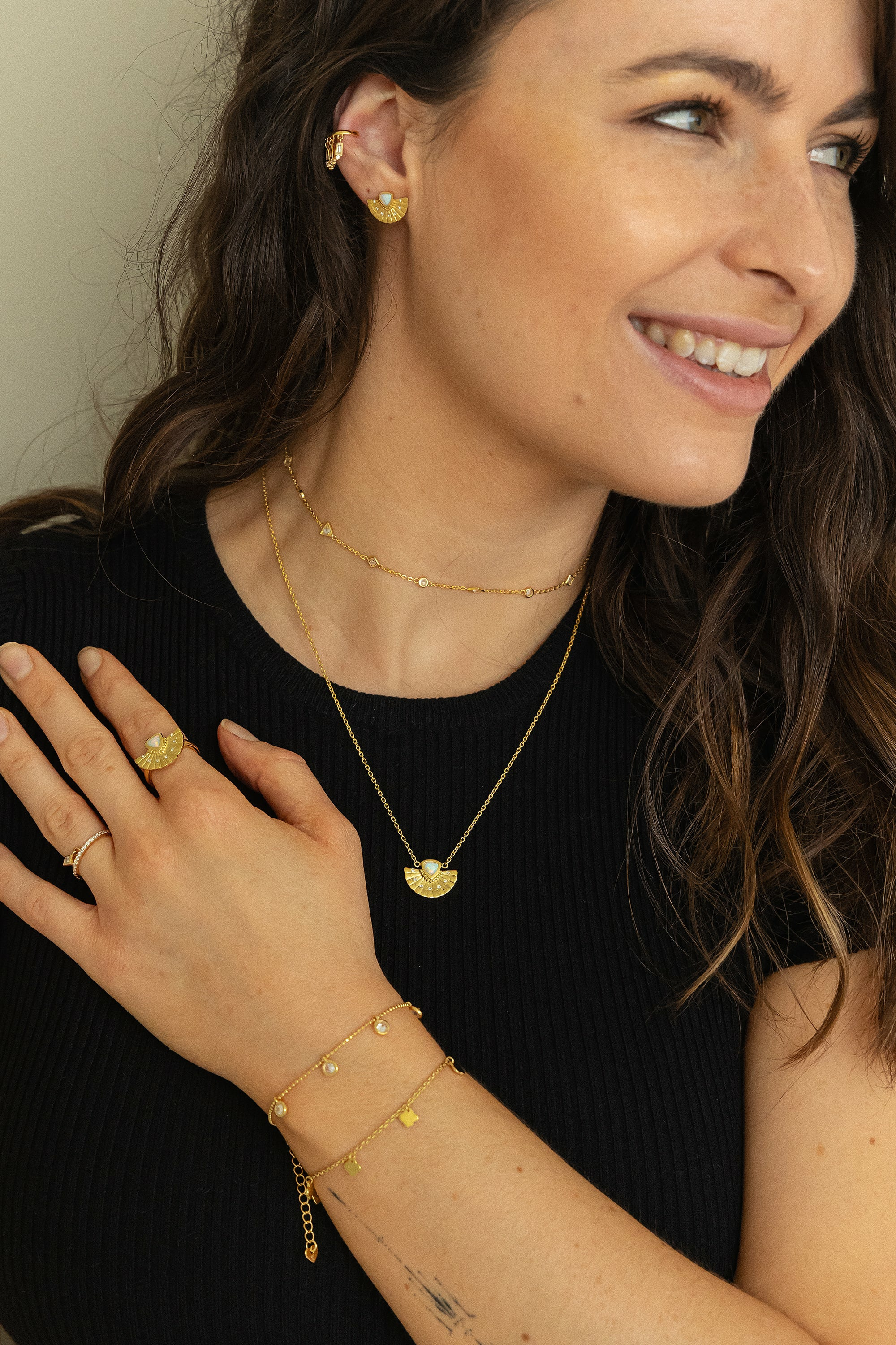 Collier 925 Silber vergoldet Fächer Anhänger mit Opal & Weißtopas 41185220919390