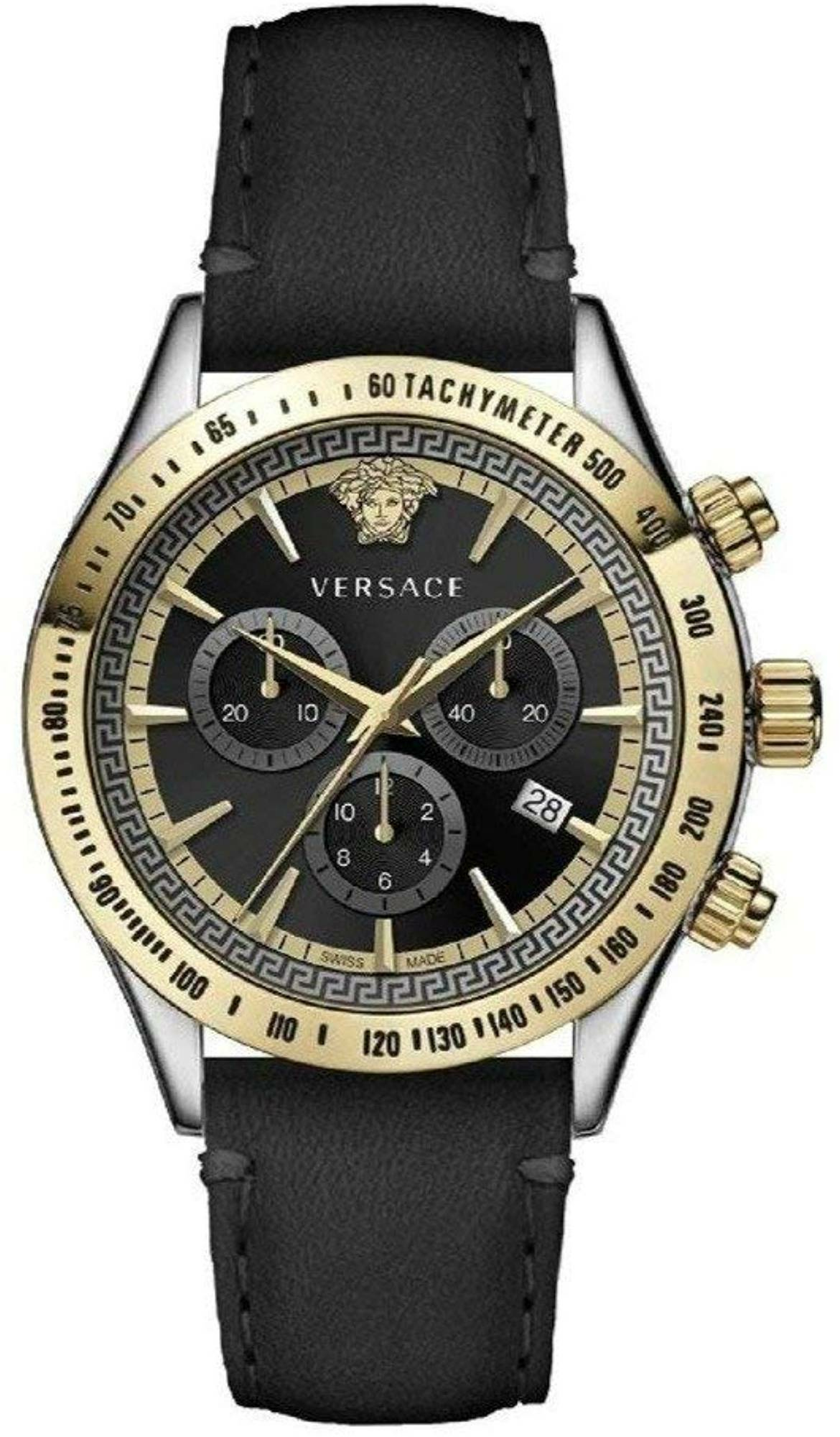 Versace Chrono Classic Uhr Schwarzes Leder Silber Gold Stahl 44mm VEV700219 – Bild 2