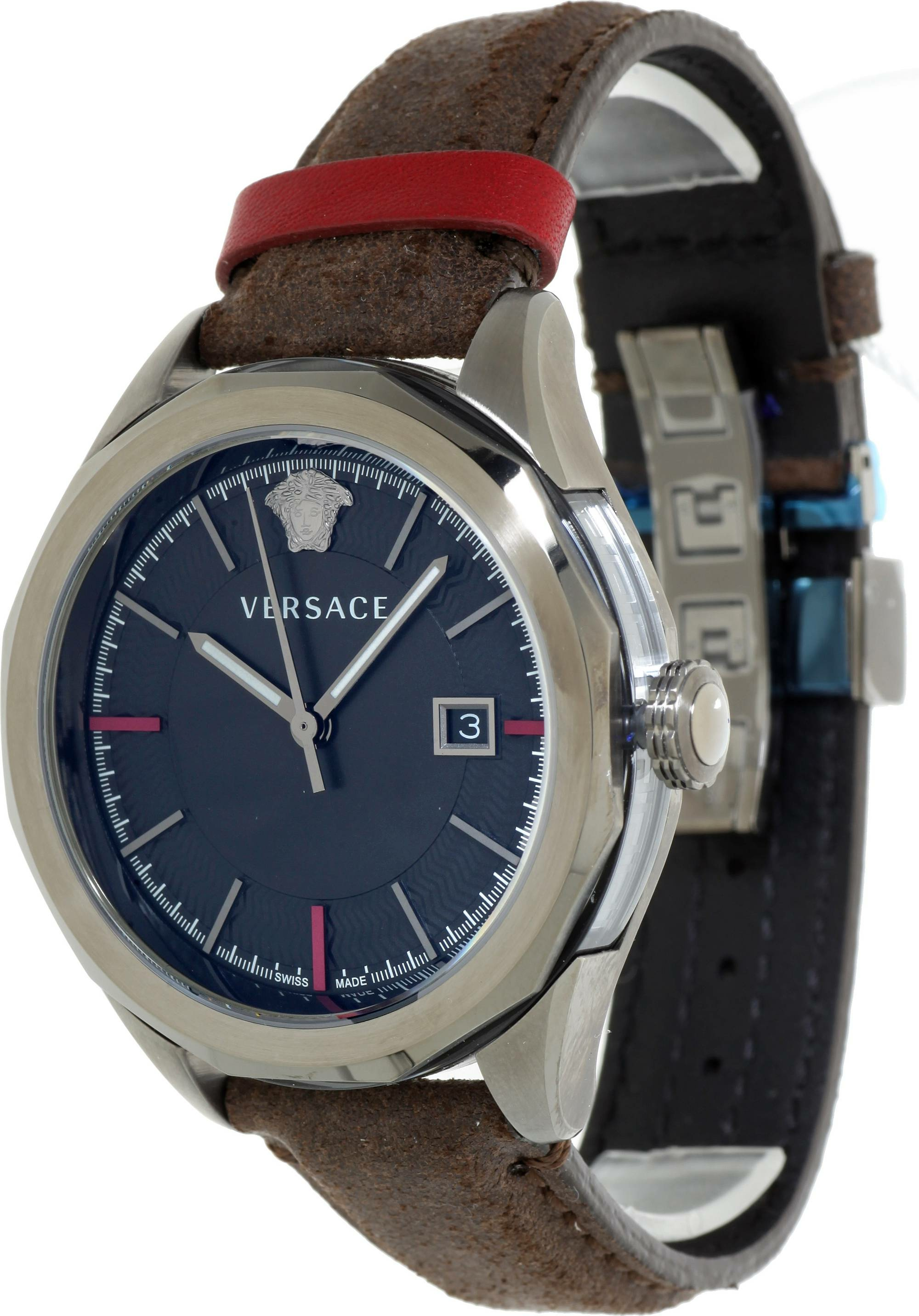 Versace Glaze Herrenuhr Dunkelgrau Braun Leder Silber Stahl 43mm VERA00418 Versace Glaze Herrenuhr Dunkelgrau Braun Leder Silber Stahl 43mm VERA00418