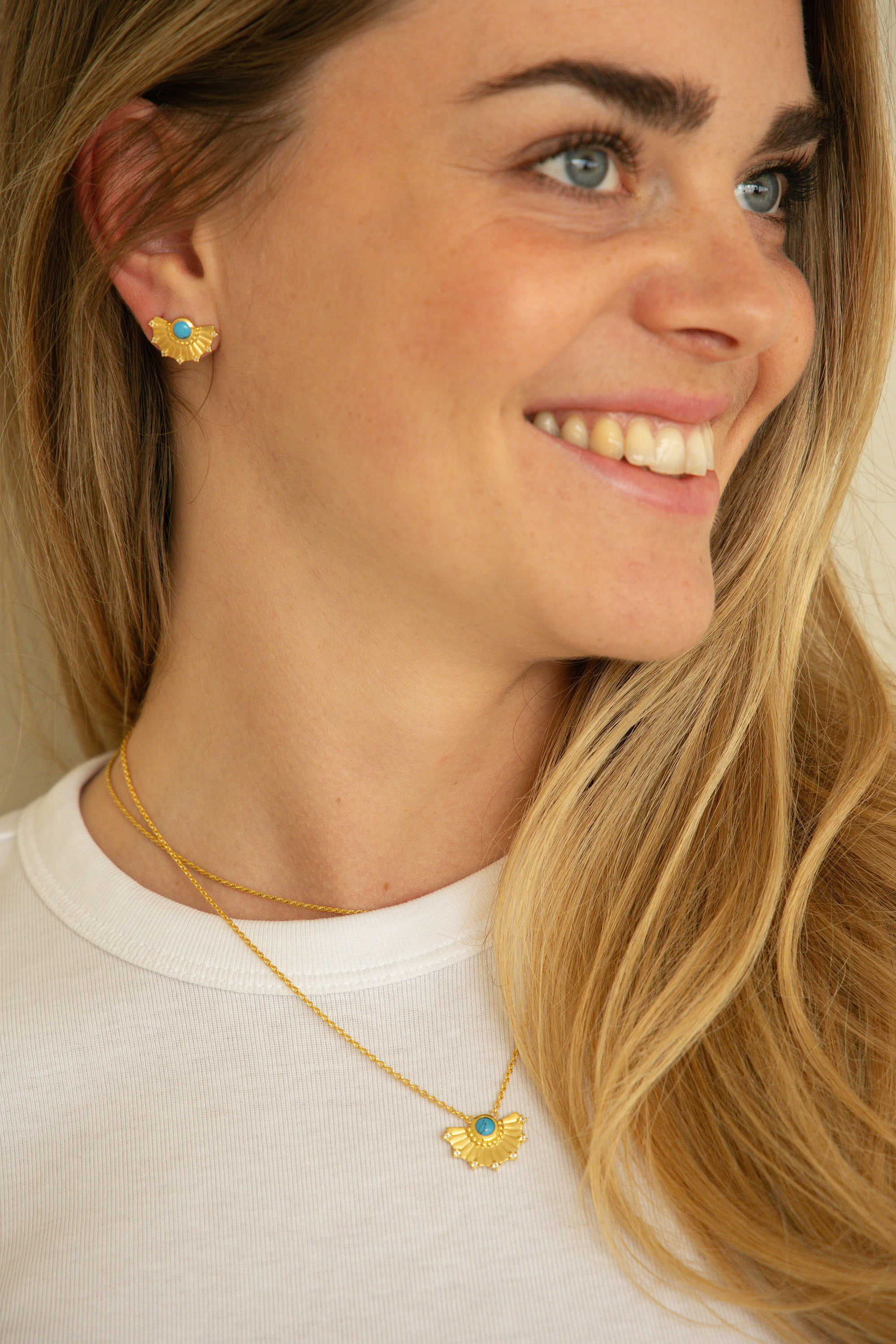 Collier 925 Silber vergoldet Fächer Anhänger mit Türkis & Weißtopas 411852209521...