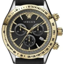 Versace Chrono Classic Uhr Schwarzes Leder Silber Gold Stahl 44mm VEV700219 Versace Chrono Classic Uhr Schwarzes Leder Silber Gold Stahl 44mm VEV700219
