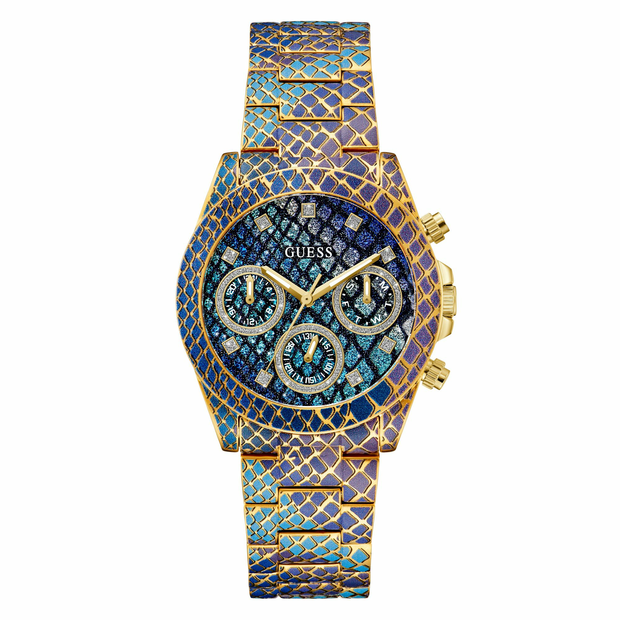 Guess Damen Multifunktionsuhr SERPENTINA Blau Lila Gold GW0752L1 Guess Damen Multifunktionsuhr SERPENTINA Blau Lila Gold GW0752L1