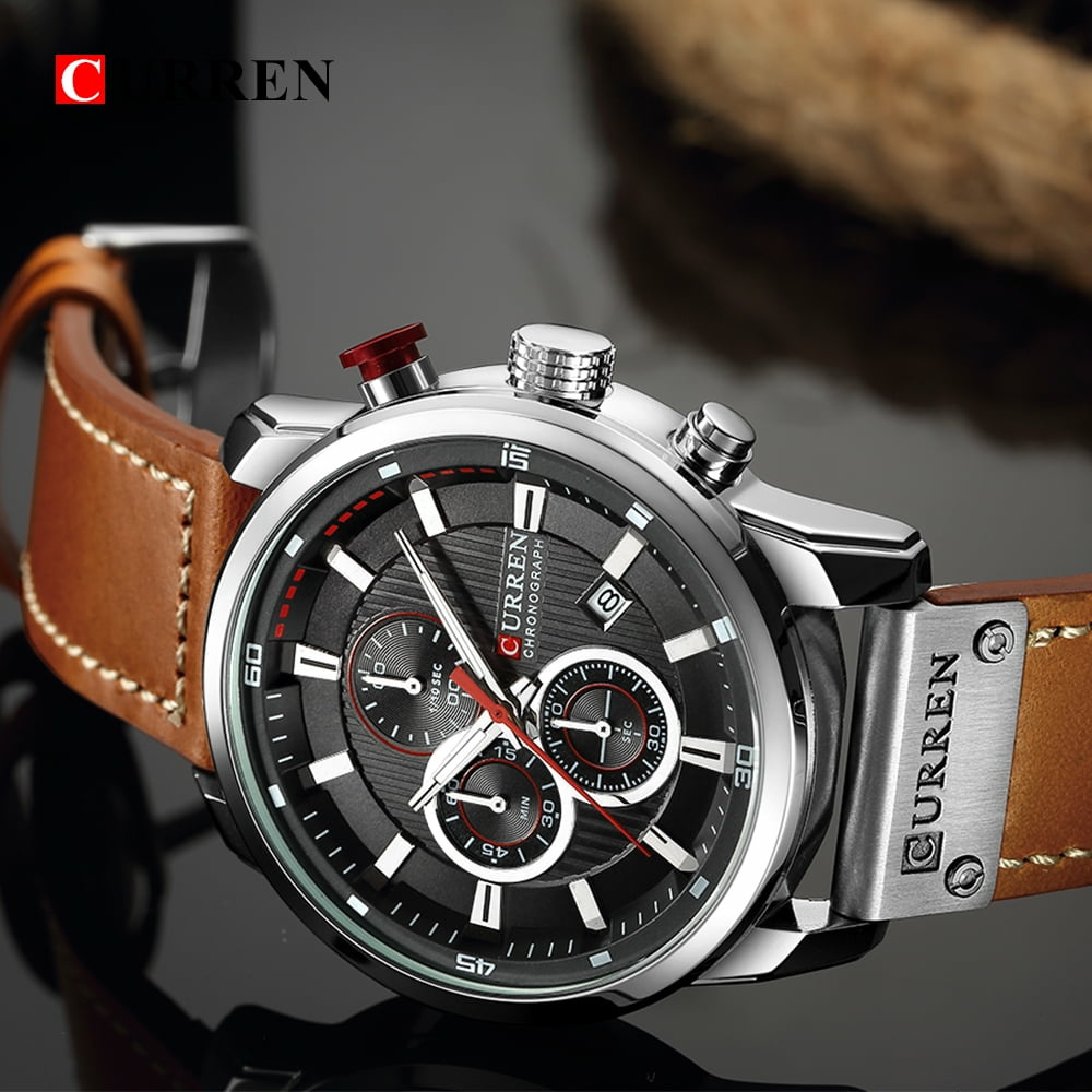 CURREN Men%27s Dark Brown Chronograph Quartz Watch Waterproof Leather Strap Sports...