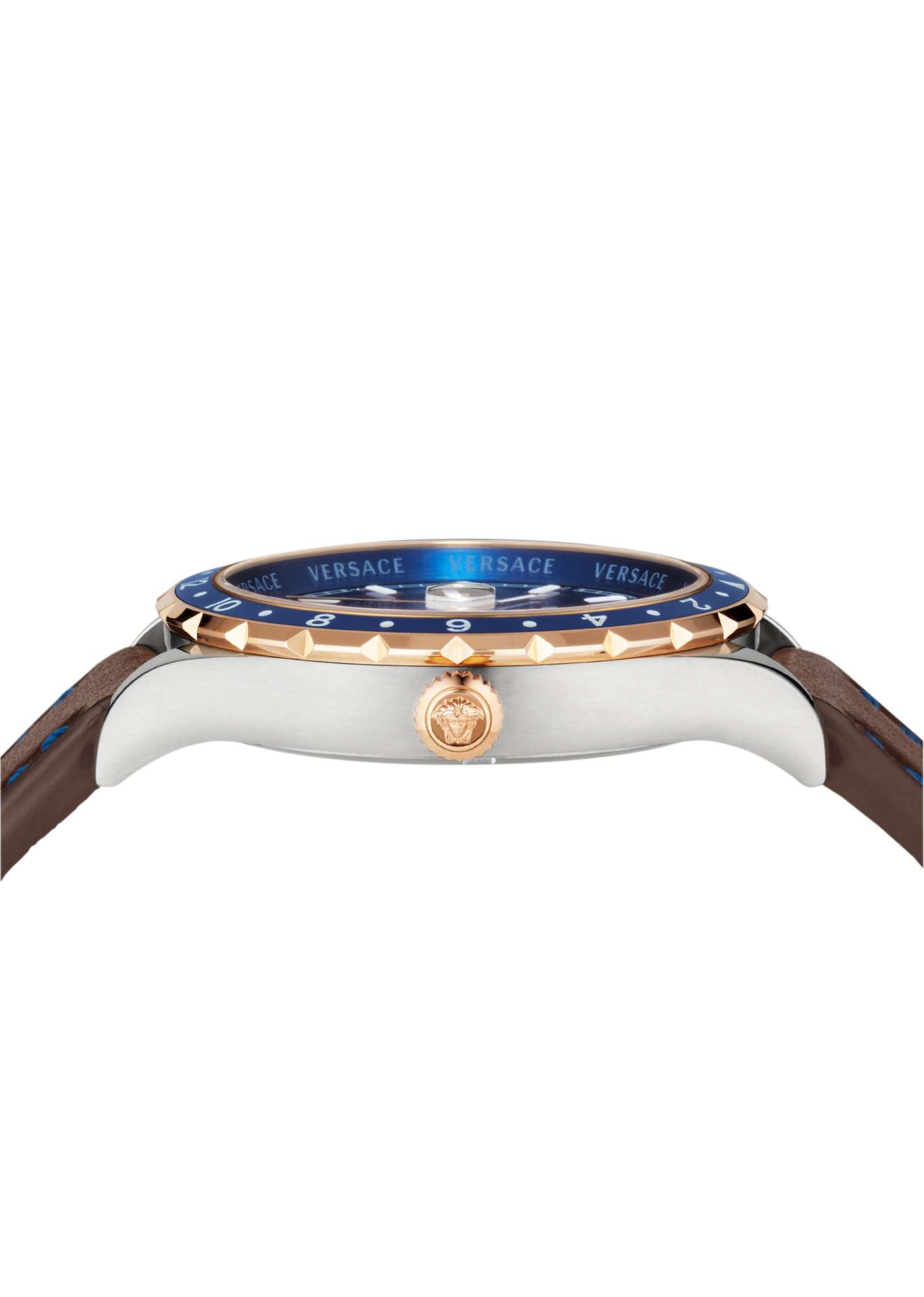 Versace Hellenyium GMT Herrenuhr Braun Leder Gold Silber Edelstahlgehäuse Blaues... Versace Hellenyium GMT Herrenuhr Braun Leder Gold Silber Edelstahlgehäuse Blaues...