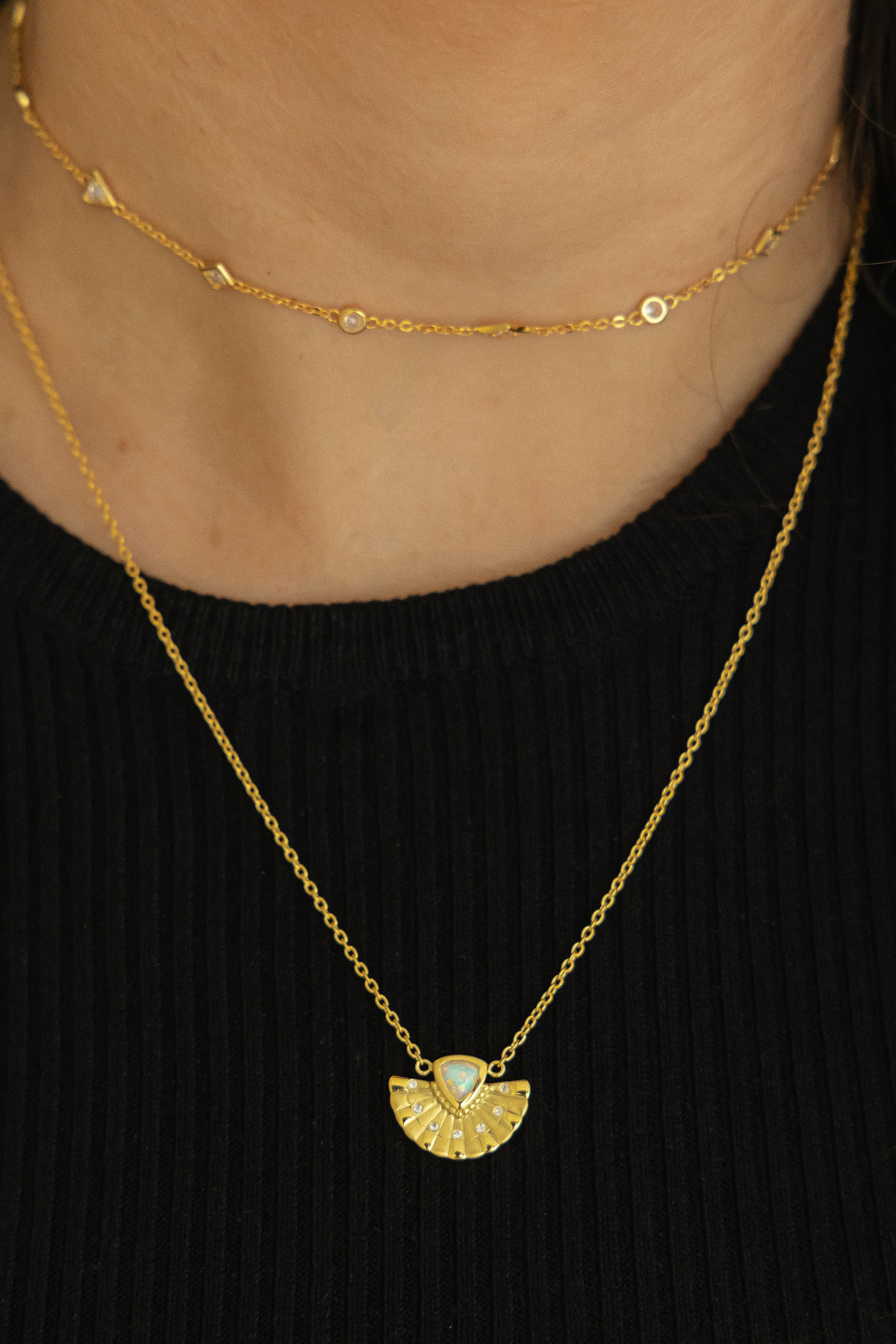 Collier 925 Silber vergoldet Fächer Anhänger mit Opal & Weißtopas 41185220919390