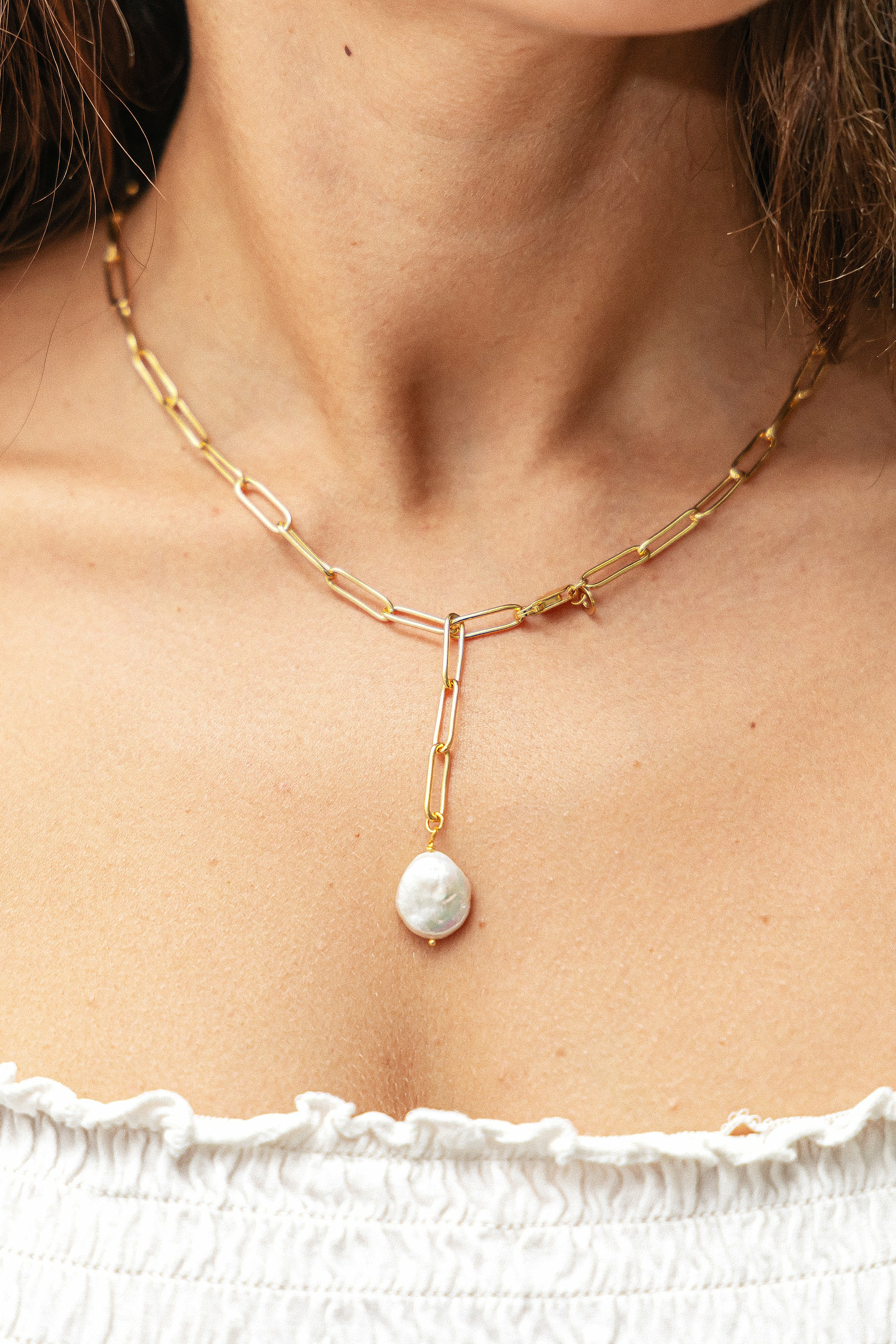 Halskette 925 Silber vergoldet flache Süßwasserzucht Perle 41185174356062 – Bild 2