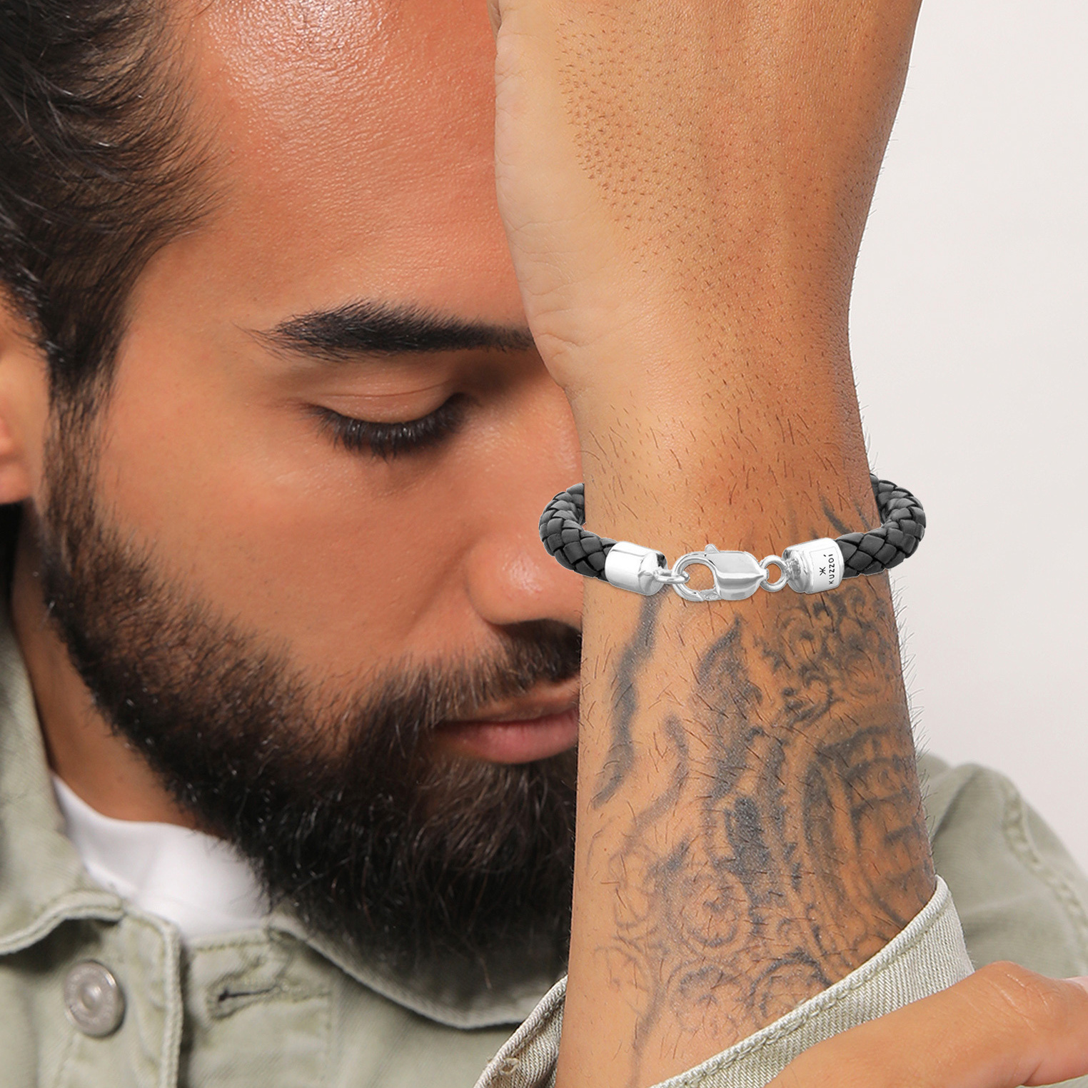 Armband Herren Echtleder Geflochten Karabiner 925 Silber – Bild 2