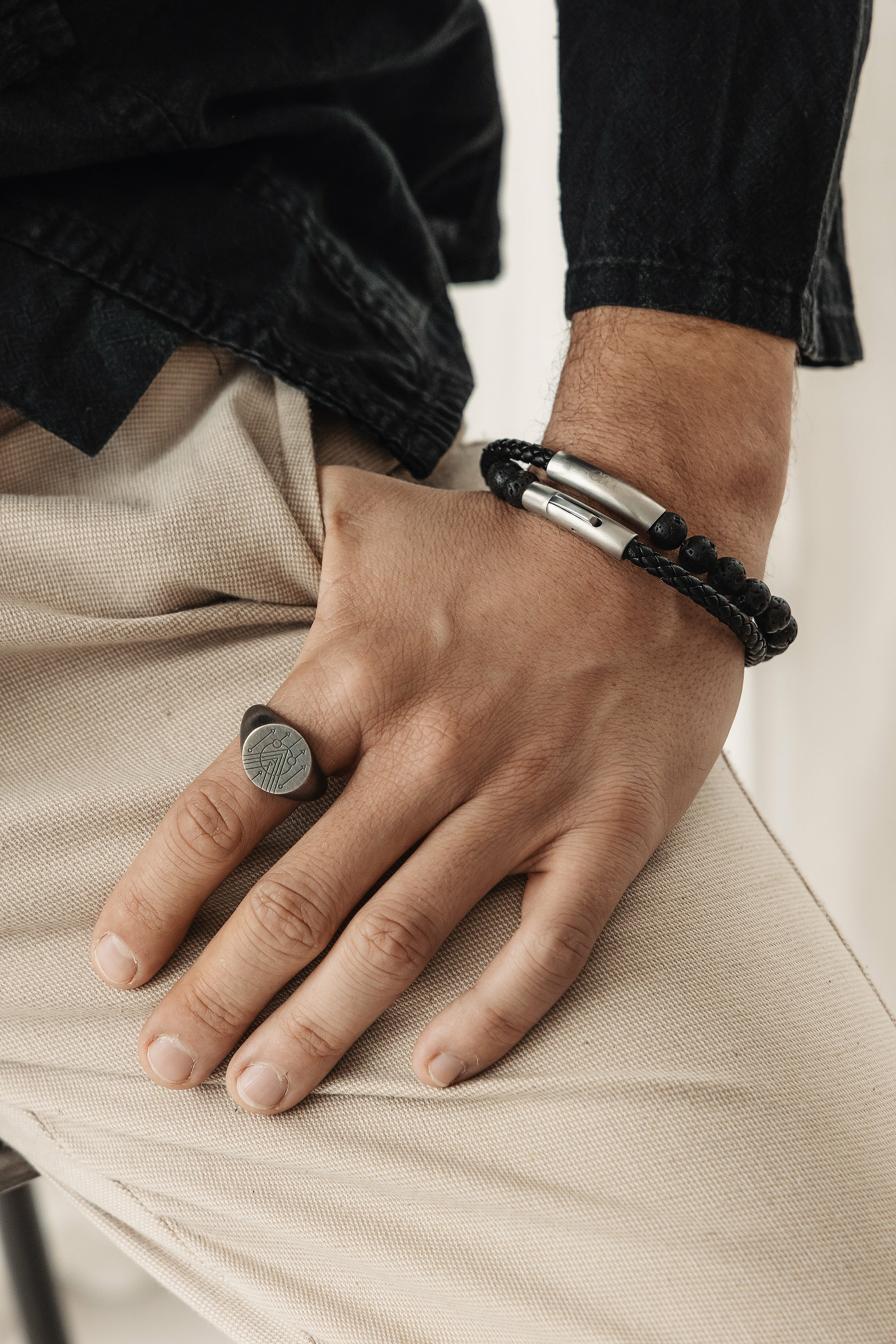 Armband Lavakugeln und Leder schwarz 21cm 41185181007966 – Bild 3